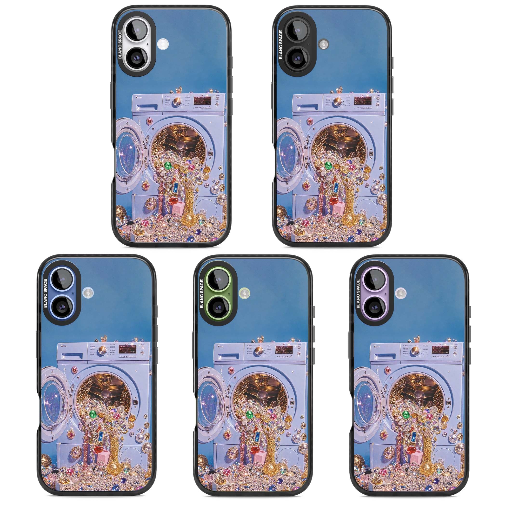 Gem Laundry baddie iPhone case featuring a surreal washing machine overflowing with colourful gemstones and crystals | Black Impact Magsafe case for iPhone 17