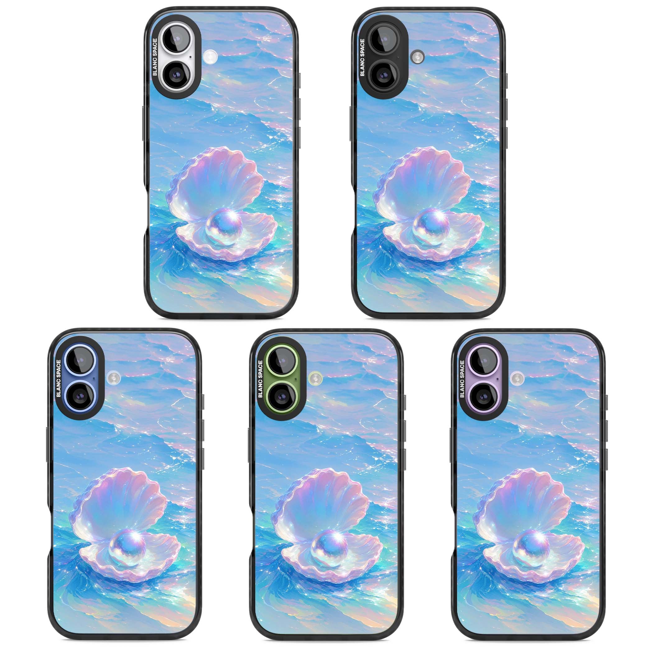 The Pearl Clam mermaidcore iPhone case featuring iridescent seashell, glowing pearl and pastel ocean waves | Black Impact Magsafe case for iPhone 17