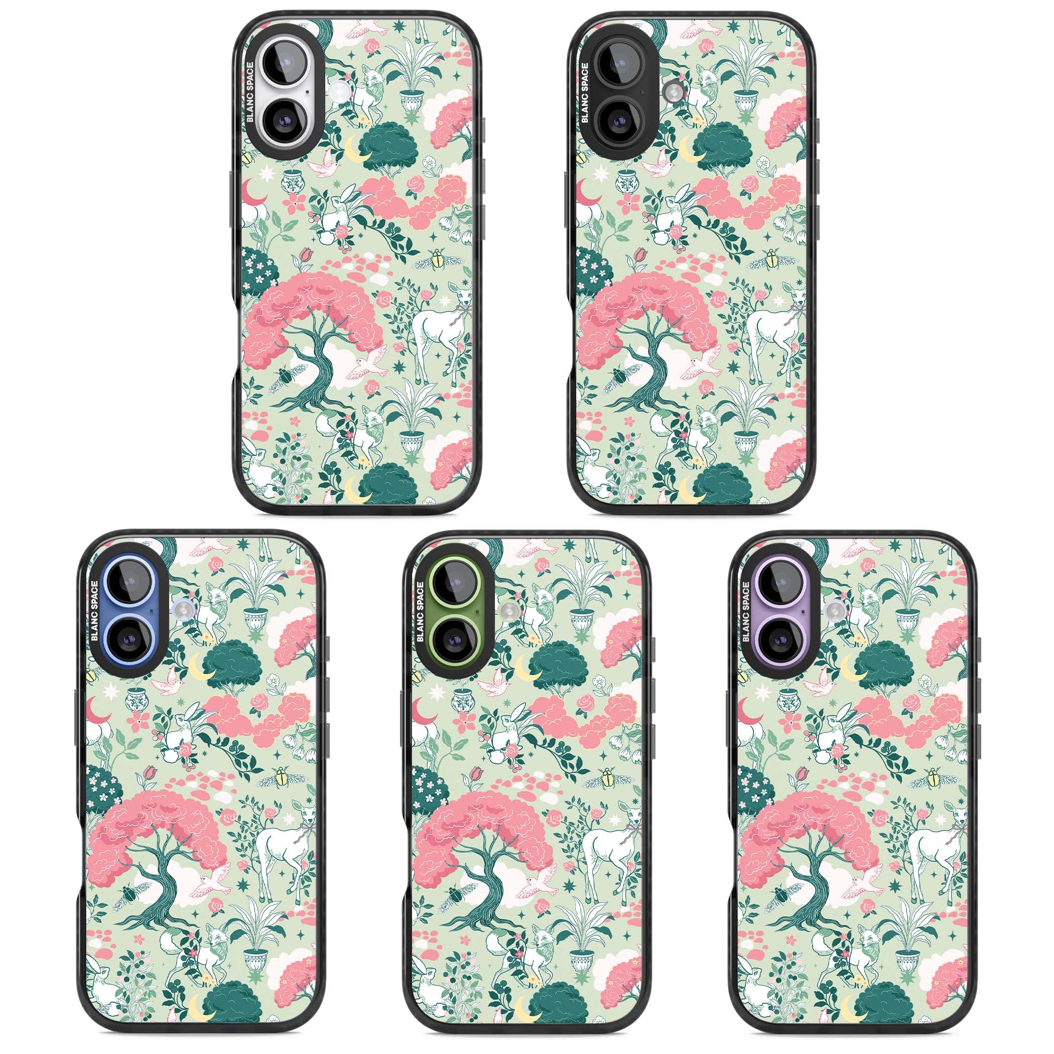 Enchanted Woodland cottagecore iPhone case featuring white deer, pink roses, mushrooms and woodland animals on sage green | Black Impact Magsafe case for iPhone 17
