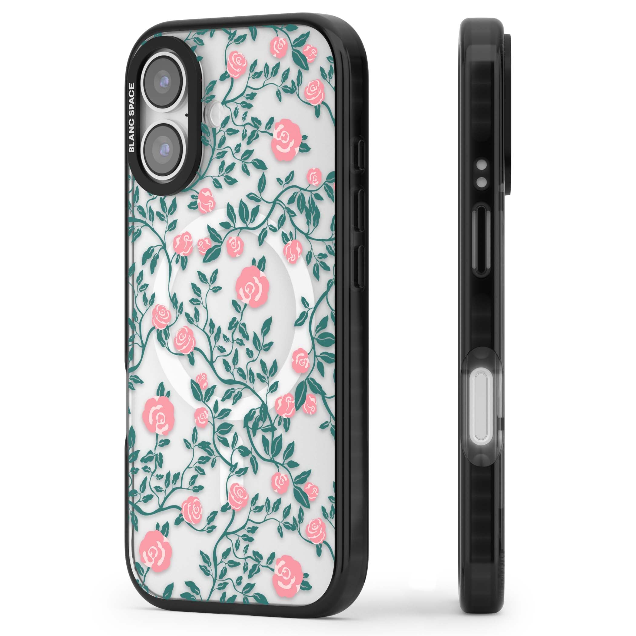 Rose Trellis (Clear) cottagecore iPhone case featuring pink climbing roses and green leaves on clear background | Black Impact Magsafe case for iPhone 17