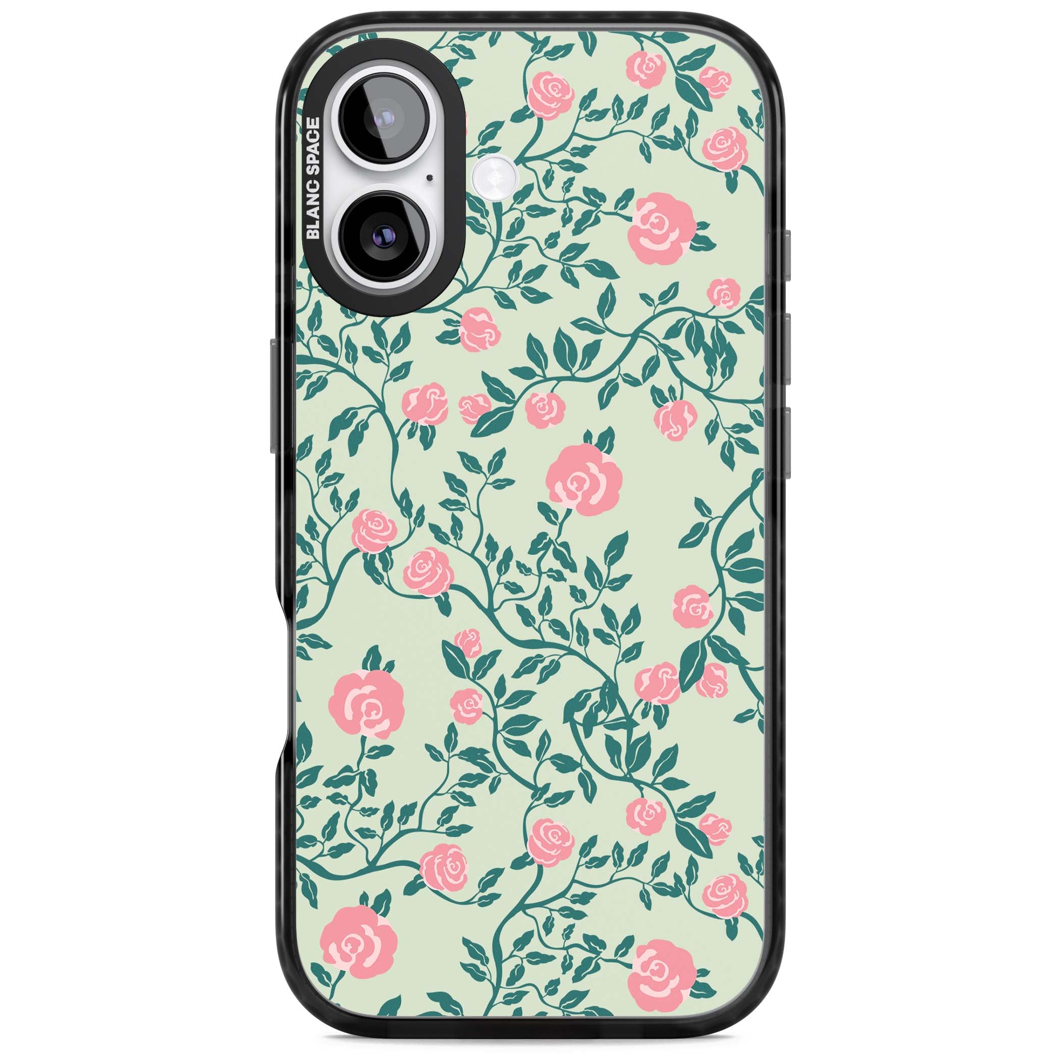 Rose Trellis cottagecore iPhone case featuring pink roses, sage green vines, and mint background | Black Impact Magsafe case for iPhone 17