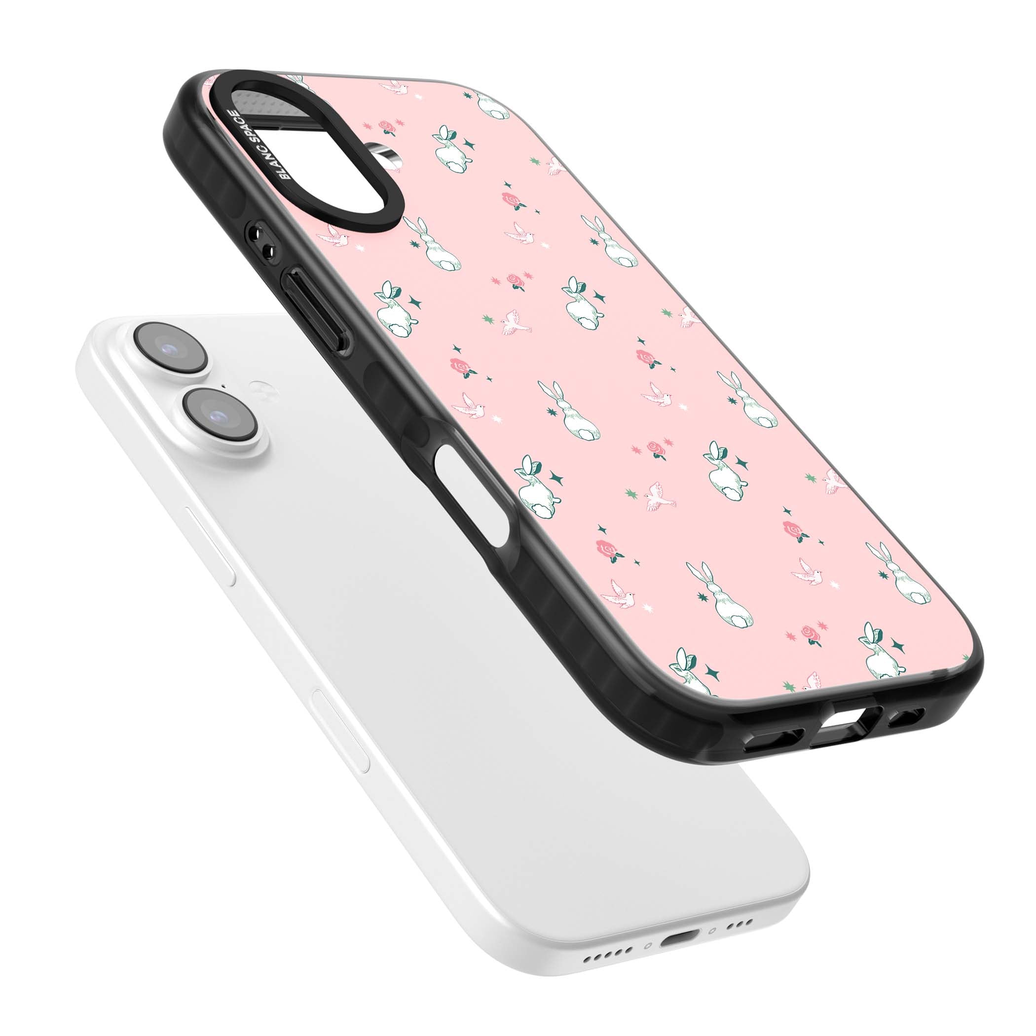 Bunny Garden kawaii iPhone case featuring white rabbits, pink roses, doves and stars on pink background | Black Impact Magsafe case for iPhone 17