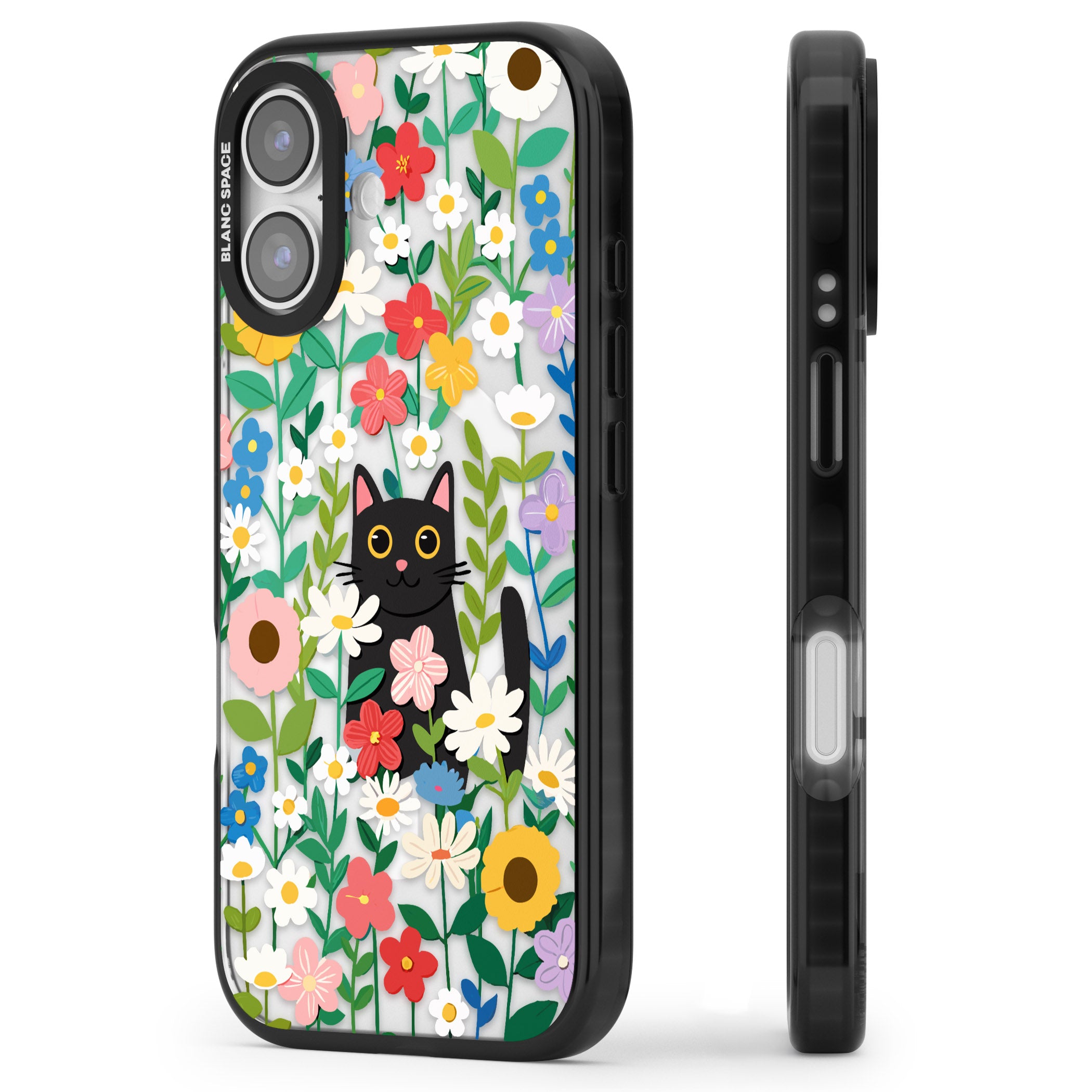 Whiskers & Wildflowers Cat iPhone 17 Impact Pro Black Phone Case Side Profile