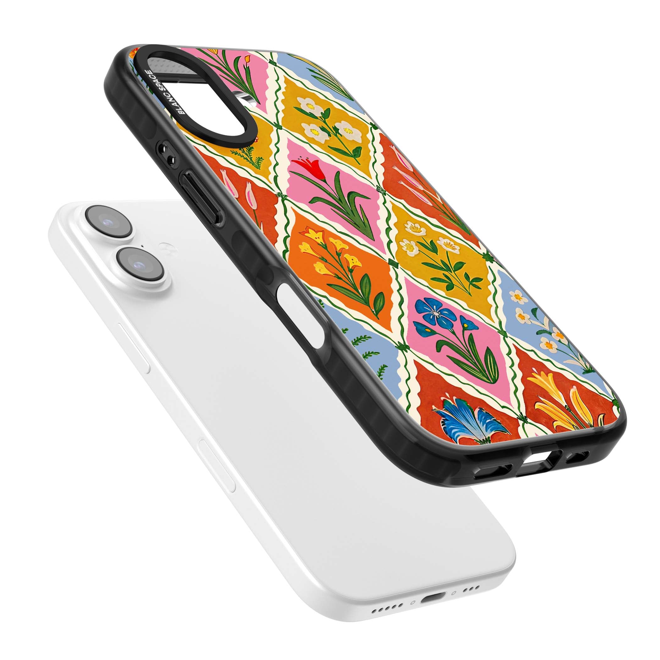 Floral Quilt boho floral iPhone case featuring diamond lattice pattern, hand-painted tulips and folk art wildflowers | Black Impact Magsafe case for iPhone 17