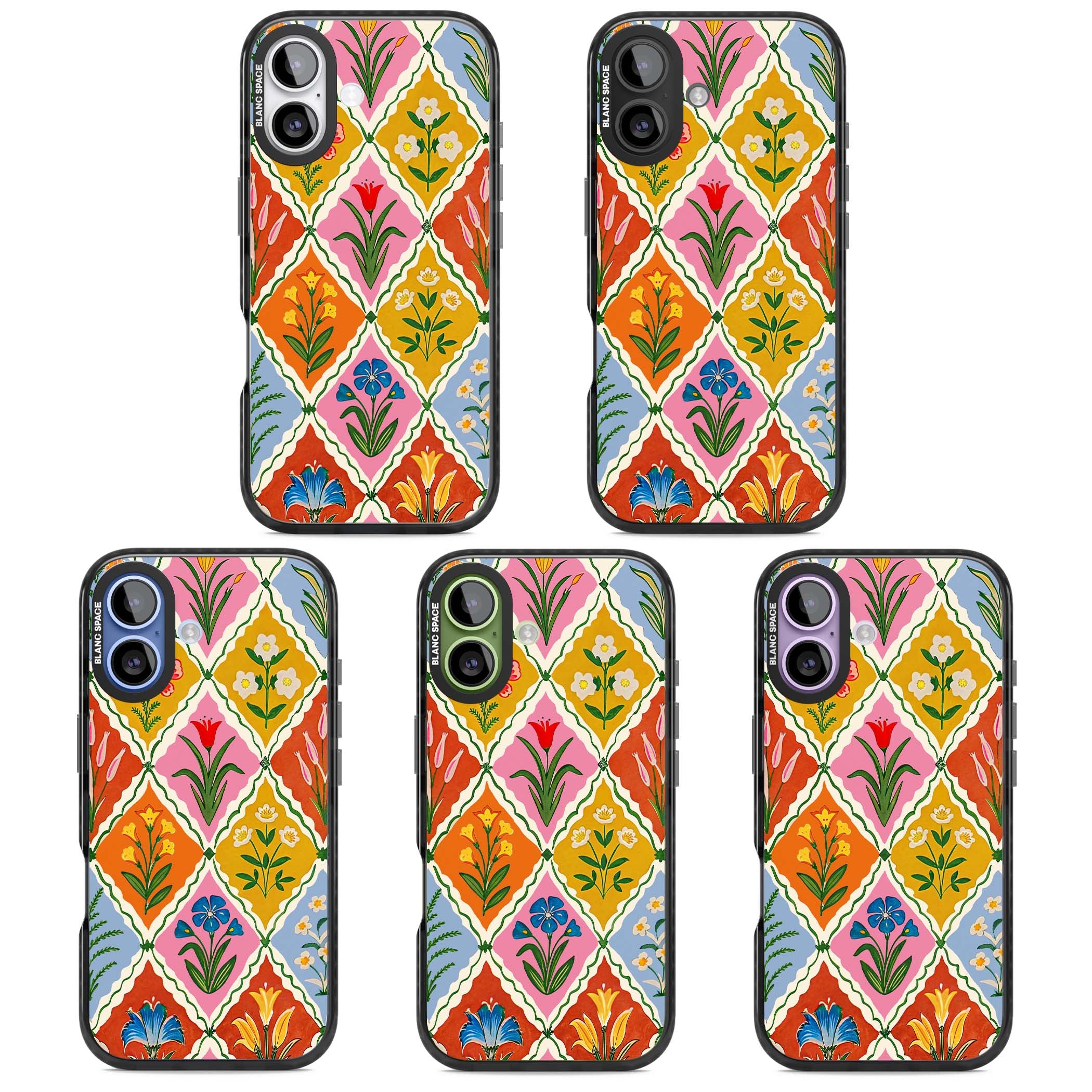 Floral Quilt boho floral iPhone case featuring diamond lattice pattern, hand-painted tulips and folk art wildflowers | Black Impact Magsafe case for iPhone 17