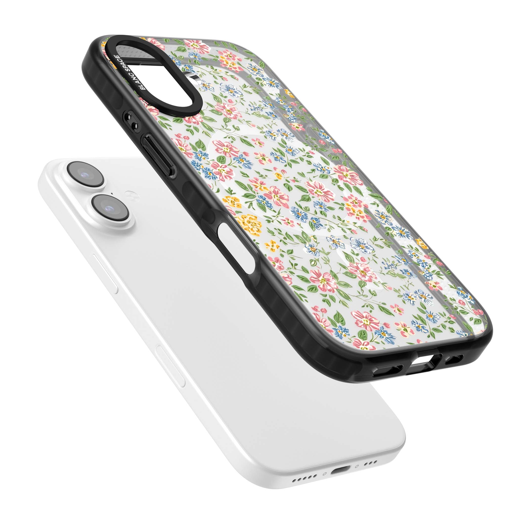 Soft Meadow cottagecore iPhone case featuring pink cosmos, blue forget-me-nots, yellow buttercups and green leaves sca | Black Impact Magsafe case for iPhone 17