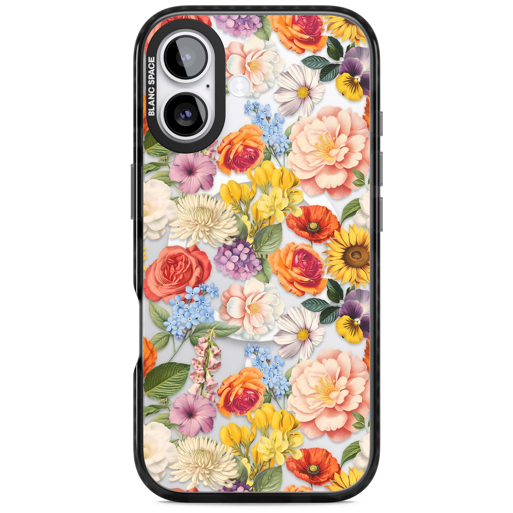 Bloom Basket floral iPhone case featuring cottage garden flowers including peonies, sunflowers, and wildflowers in pastel col | Black Impact Magsafe case for iPhone 17