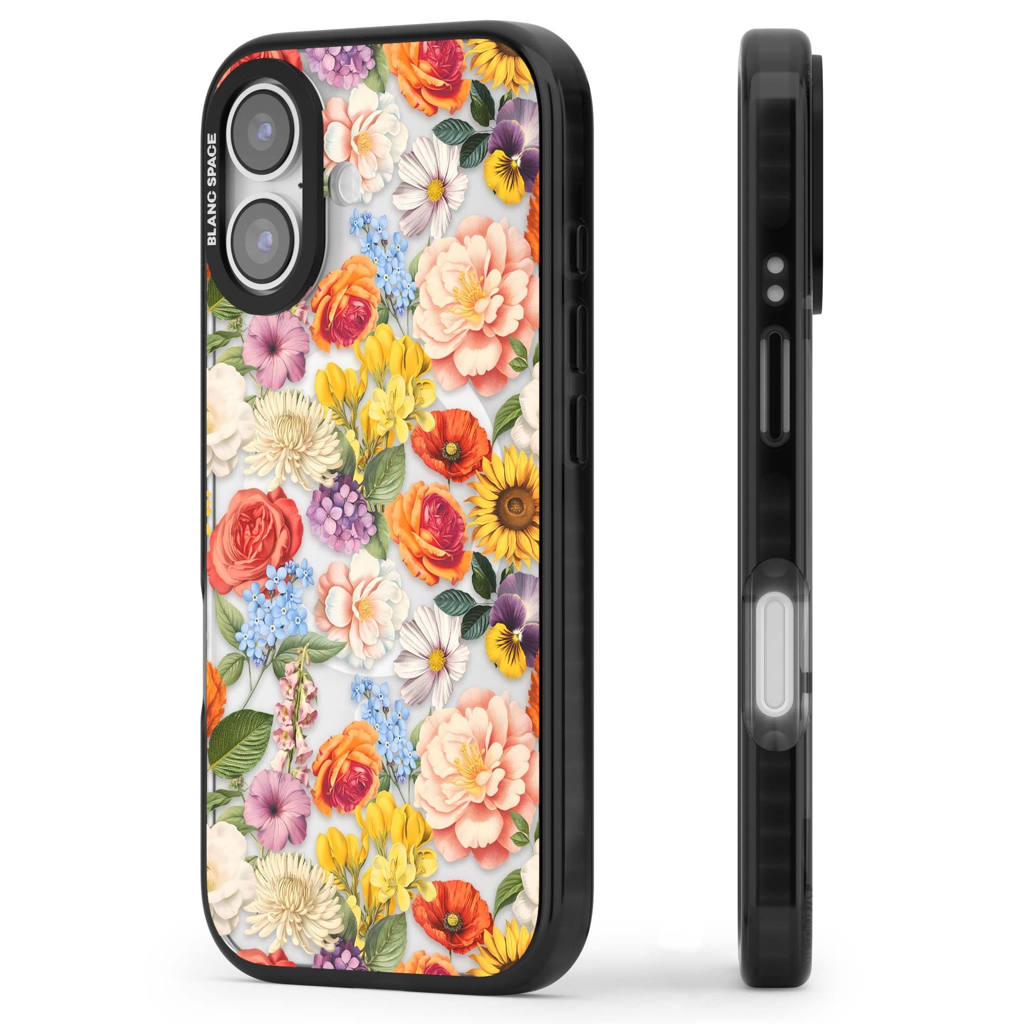 Bloom Basket floral iPhone case featuring cottage garden flowers including peonies, sunflowers, and wildflowers in pastel col | Black Impact Magsafe case for iPhone 17