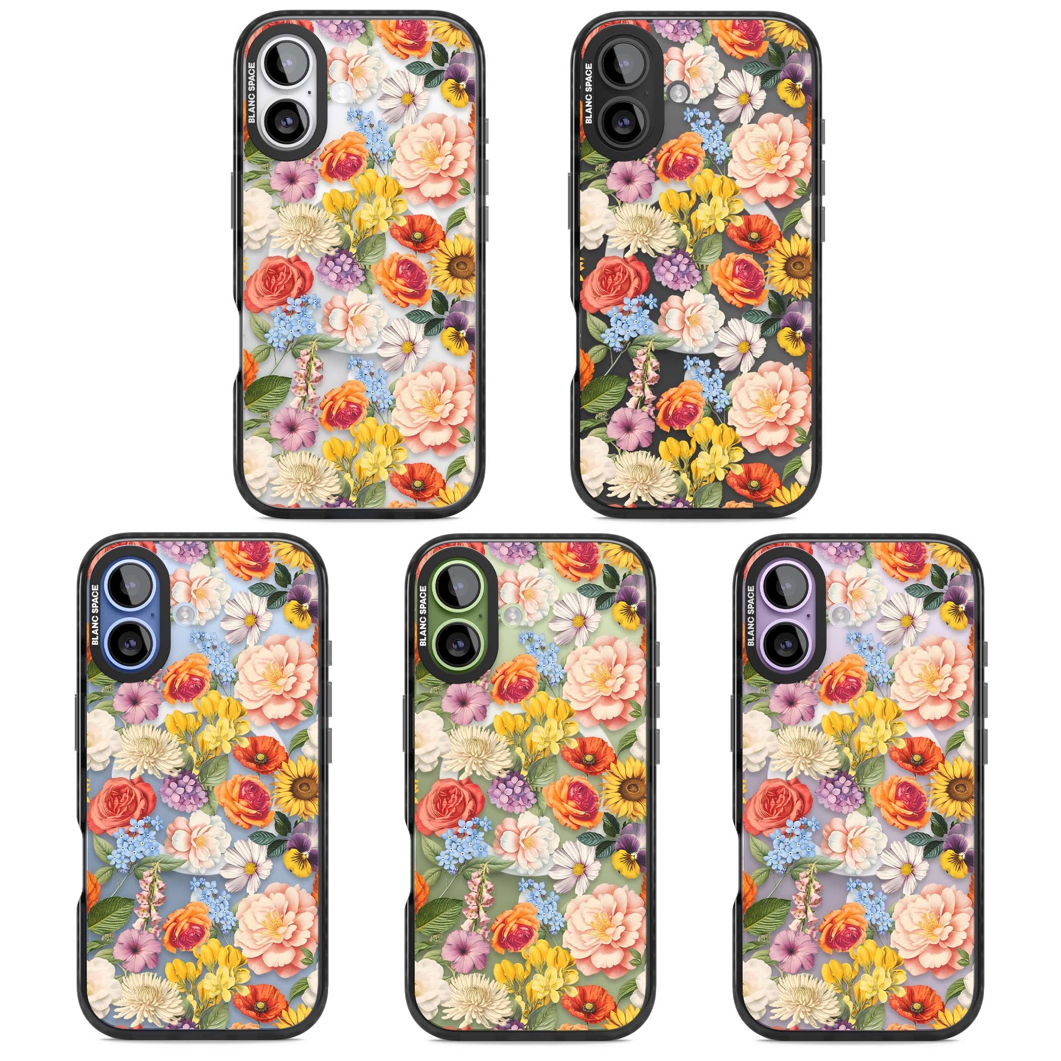 Bloom Basket floral iPhone case featuring cottage garden flowers including peonies, sunflowers, and wildflowers in pastel col | Black Impact Magsafe case for iPhone 17