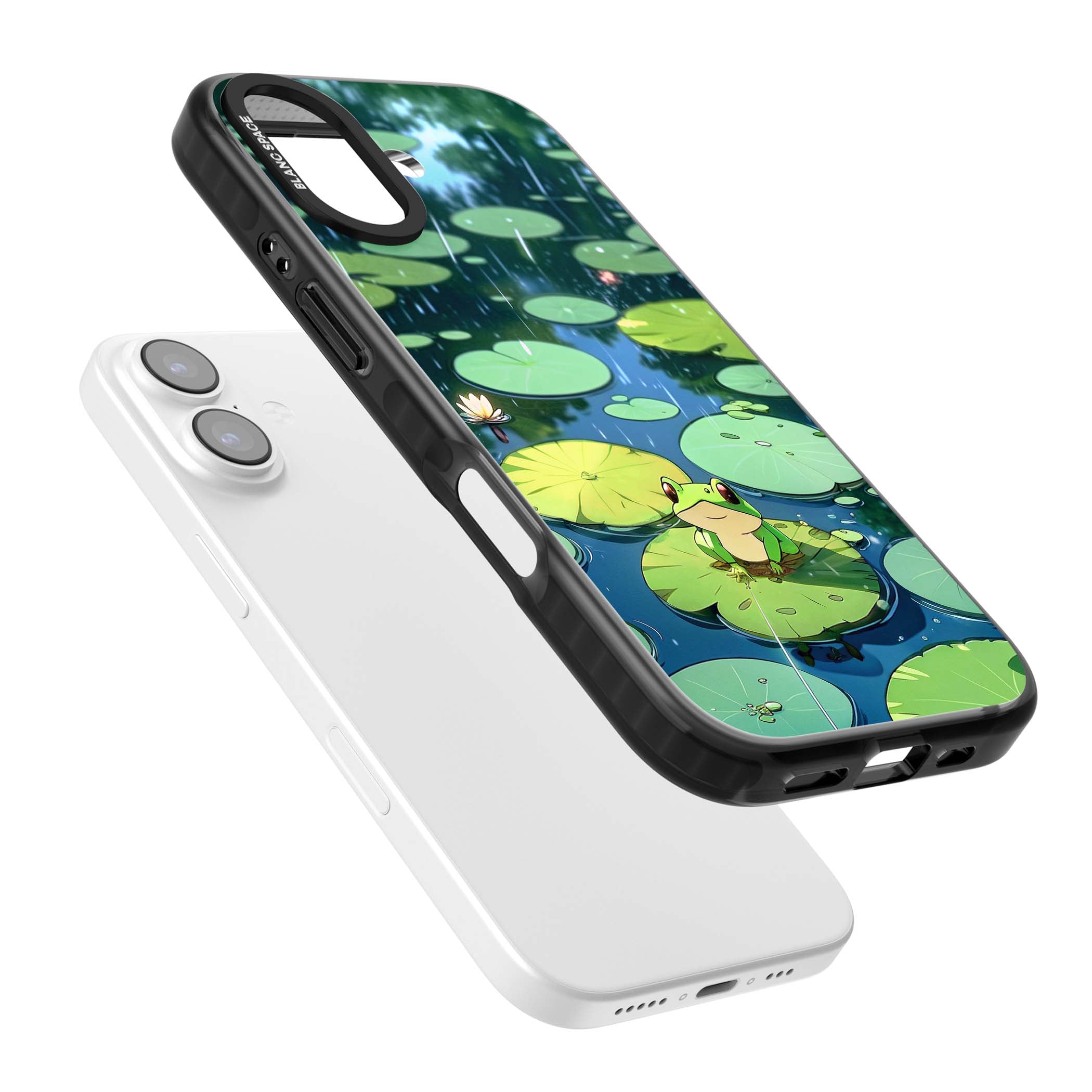 Frog In Lily Pond cottagecore iPhone case featuring a cute green frog on a lily pad with falling rain and a lotus flower | Black Impact Magsafe case for iPhone 17