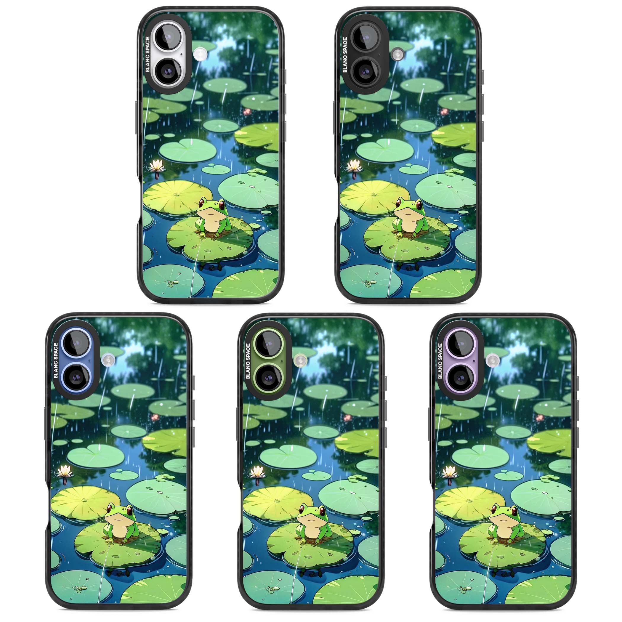 Frog In Lily Pond cottagecore iPhone case featuring a cute green frog on a lily pad with falling rain and a lotus flower | Black Impact Magsafe case for iPhone 17