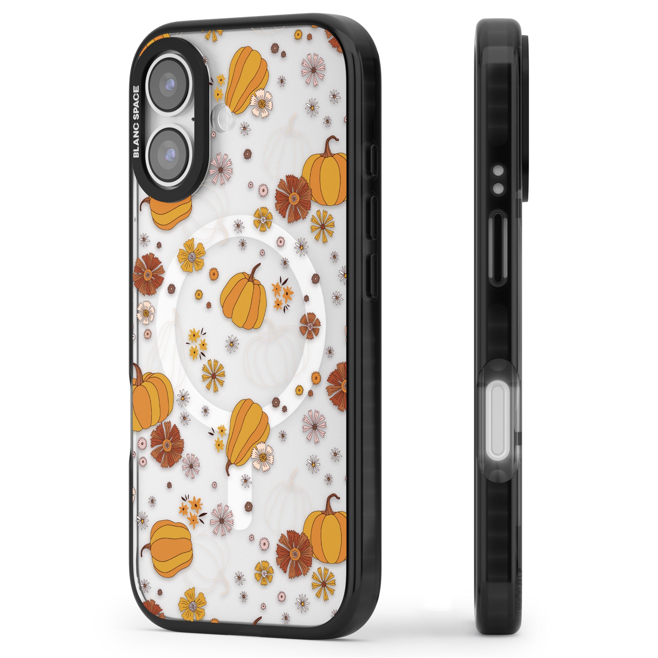 Halloween Pumpkins And Flowers iPhone 17 Impact Pro Black Phone Case Side Profile