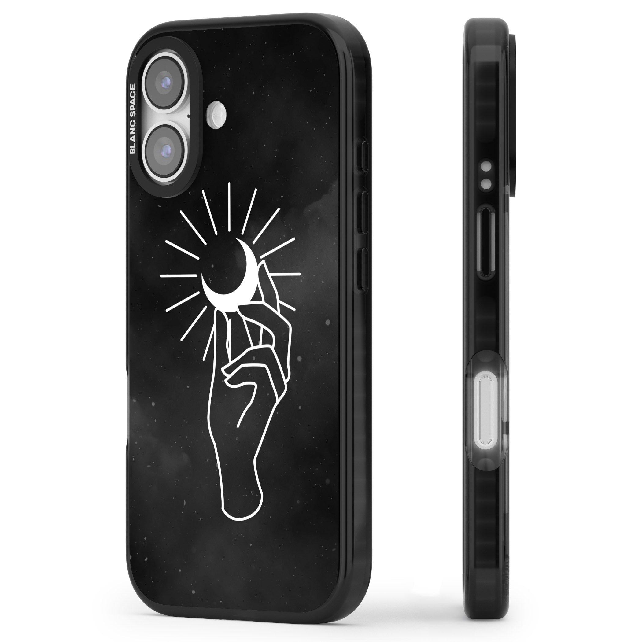 Hand Holding Celestial Moon iPhone 17 Impact Pro Black Phone Case Side Profile