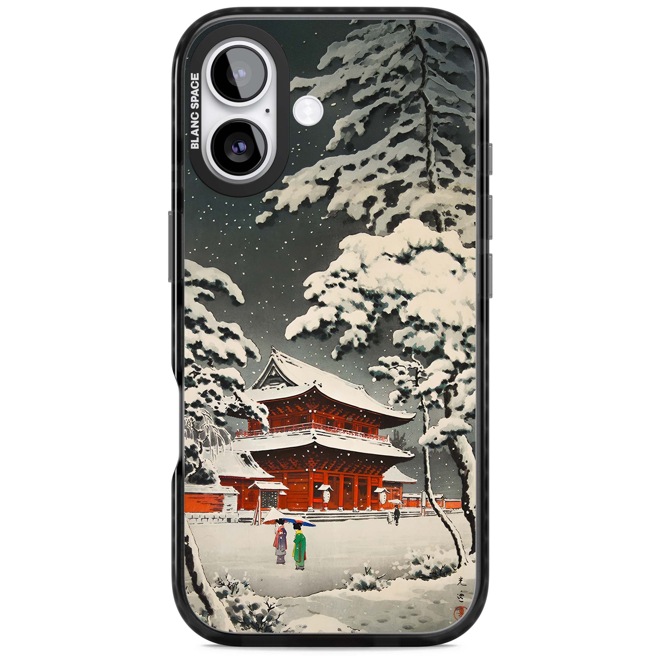 Snow at Shiha Park, Tokyo Japanese art iPhone case featuring a vintage ukiyo-e snowy temple, red pagoda, and snow-covered pin | Black Impact Magsafe case for iPhone 17