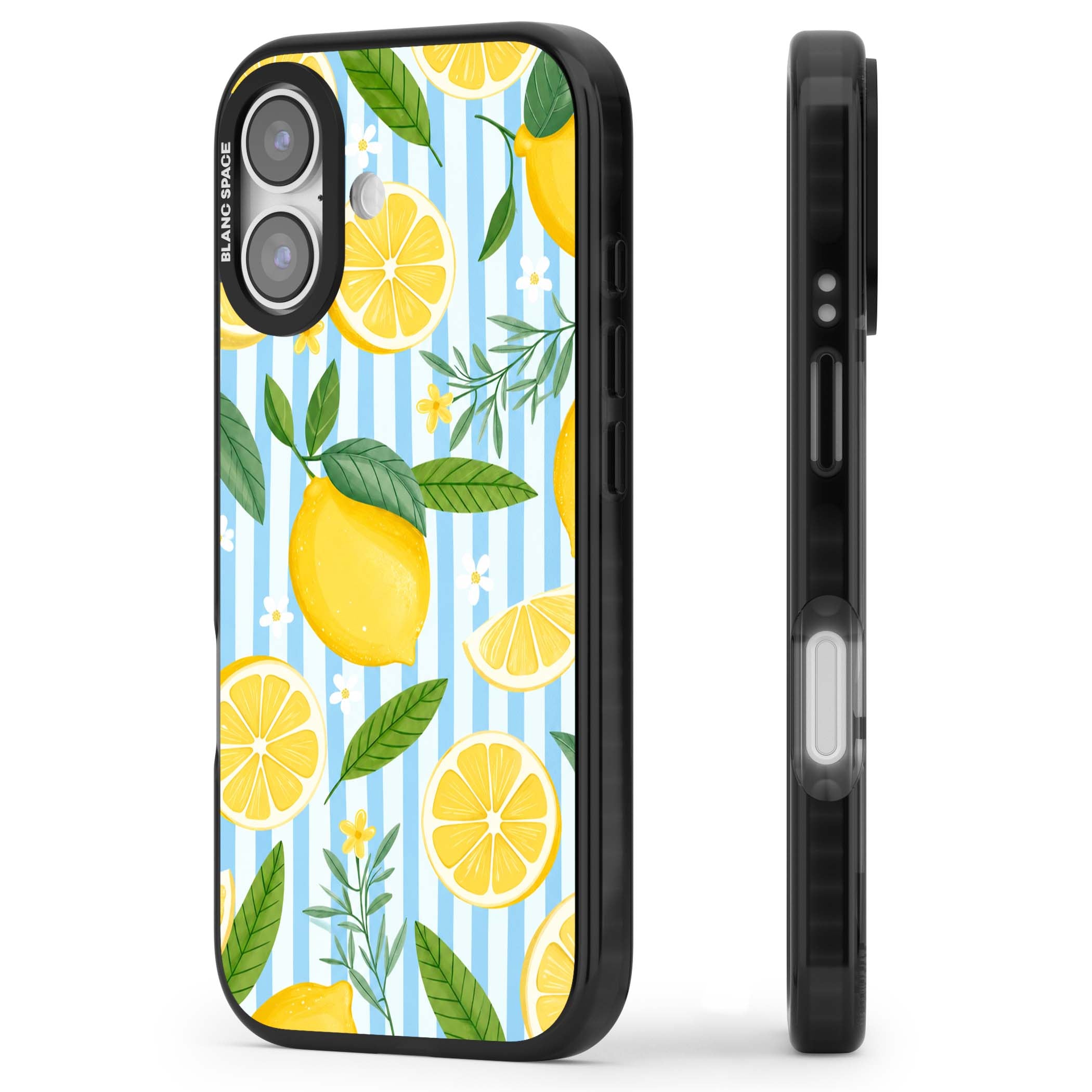 Capri Citrus Stripe coastal iPhone case featuring yellow lemons, blue stripes, and white daisy blossoms | Black Impact Magsafe case for iPhone 17