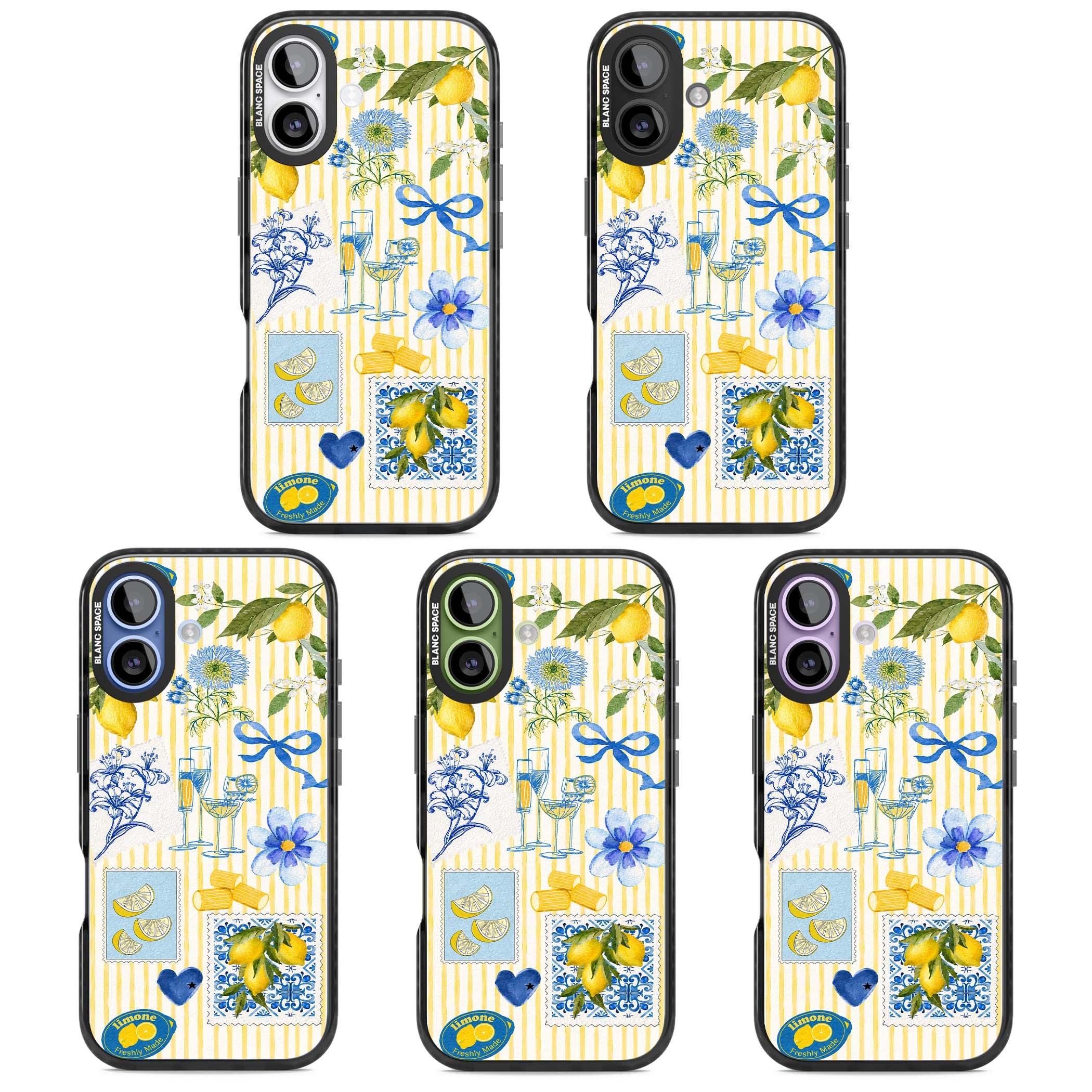Limone Riviera Italian summer iPhone case featuring watercolour lemons, blue ribbon bows and majolica tile stamps on... | Black Impact Magsafe case for iPhone 17