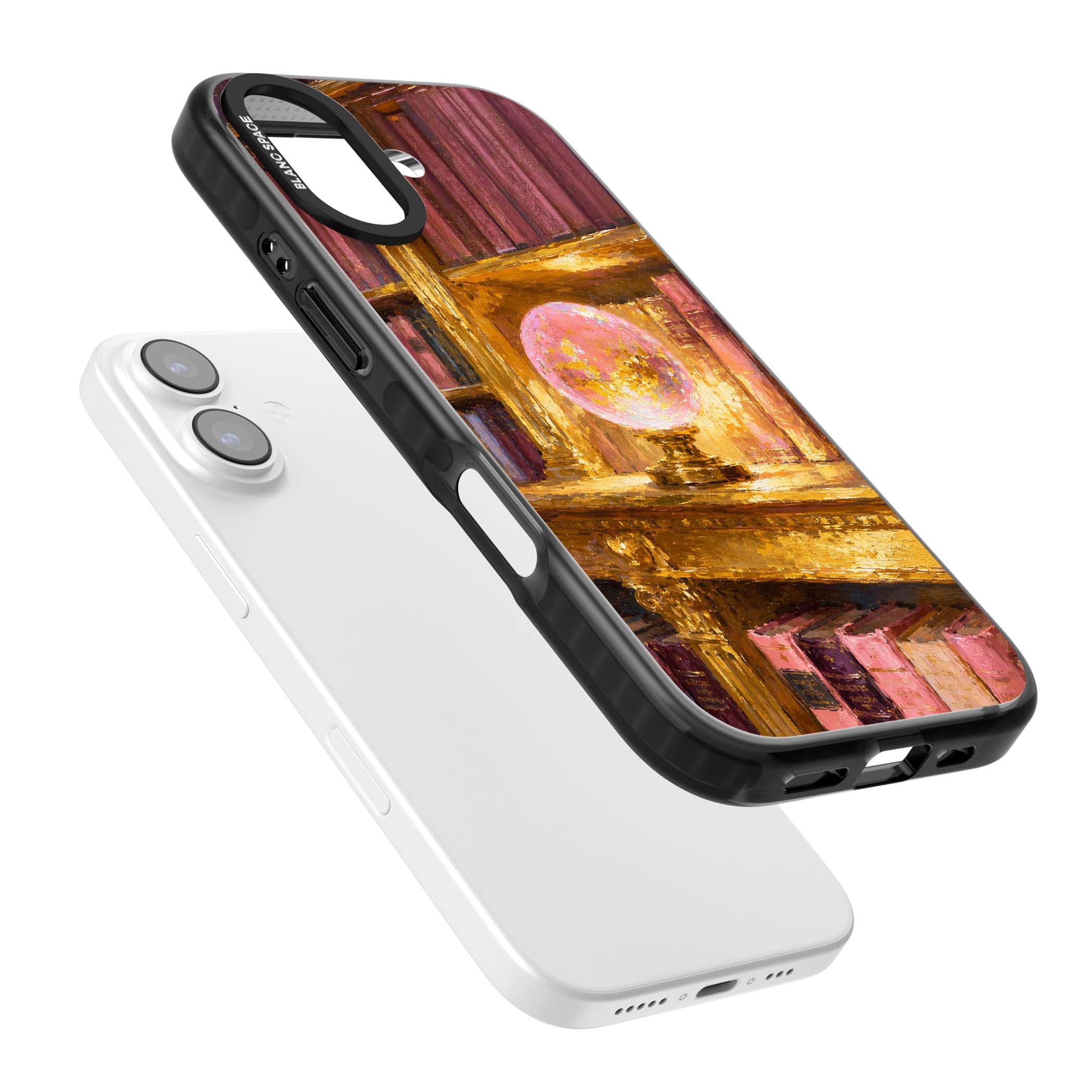 Gilded Library dark academia iPhone case featuring an oil painted crystal ball on a gilded library shelf with vintage | Black Impact Magsafe case for iPhone 17
