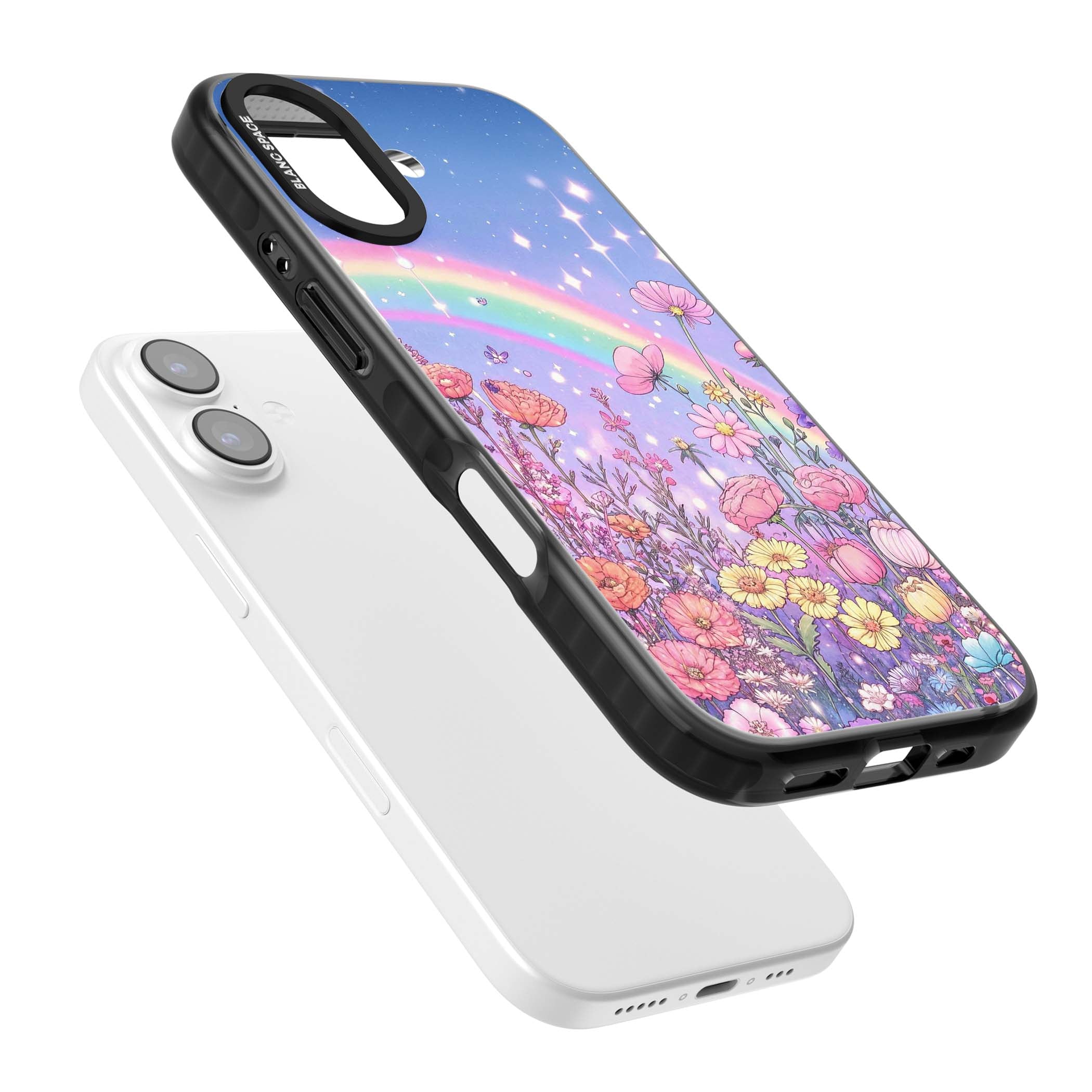 Magical Meadow fairycore iPhone case featuring a pastel rainbow, sparkling stars and a wildflower meadow | Black Impact Magsafe case for iPhone 17