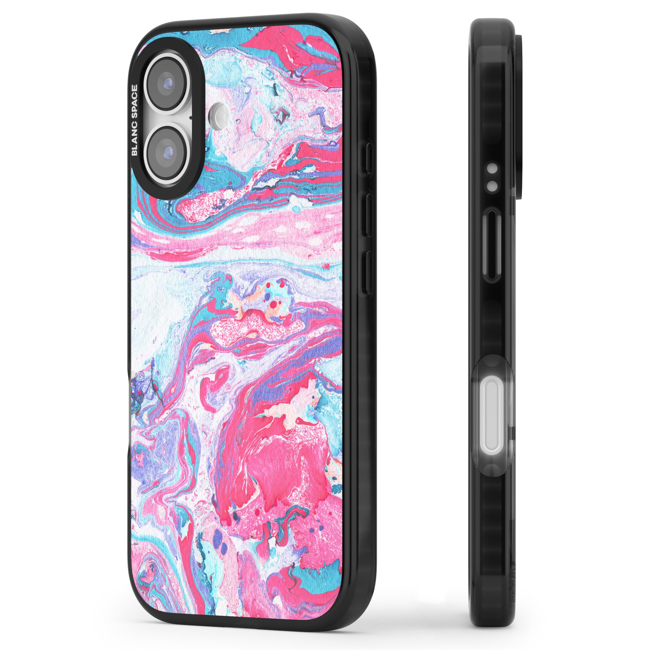 Pink, Blue & Purple Marbled Paper Pattern iPhone 17 Impact Pro Black Phone Case Side Profile