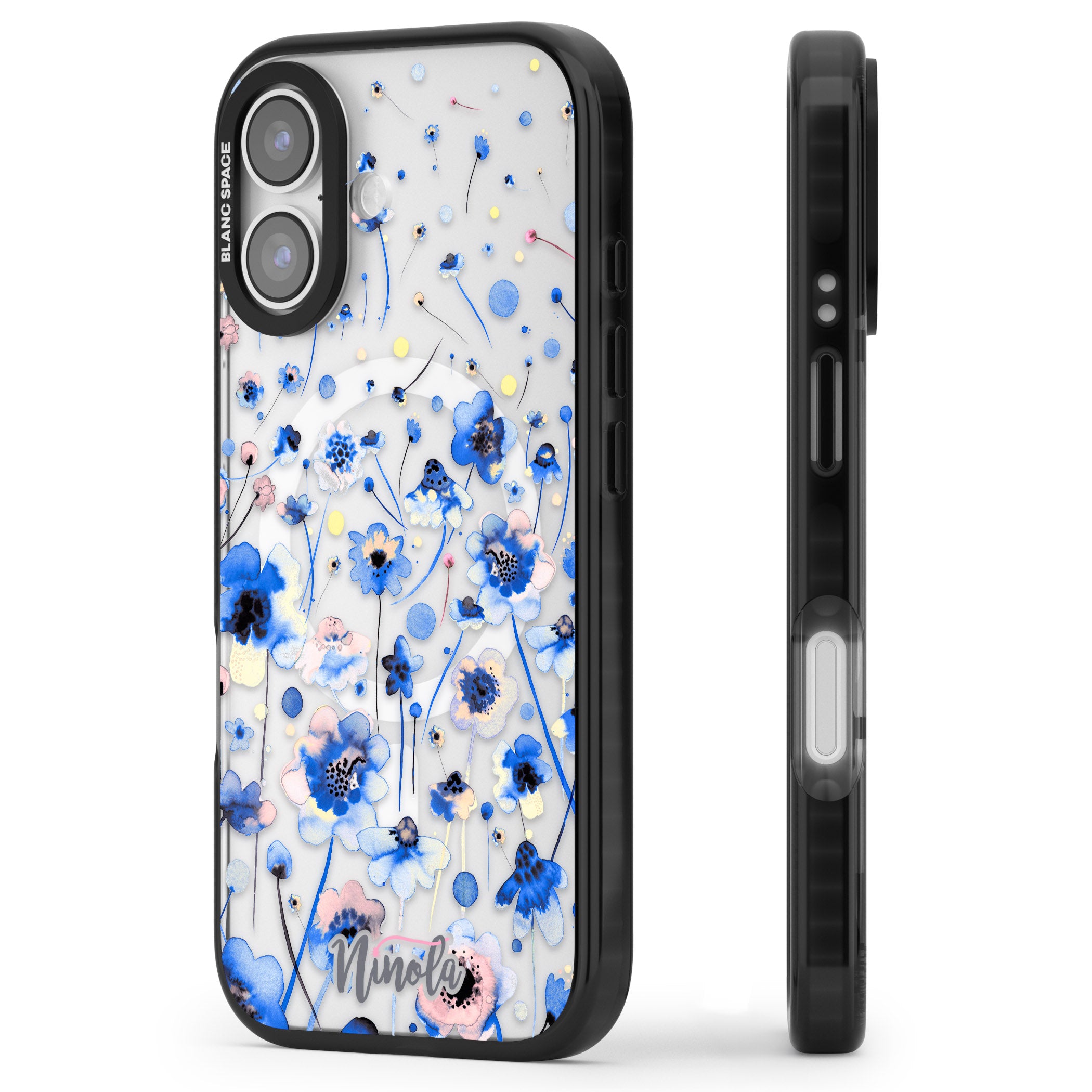 Ink Flowers Blue iPhone 17 Impact Pro Black Phone Case Side Profile