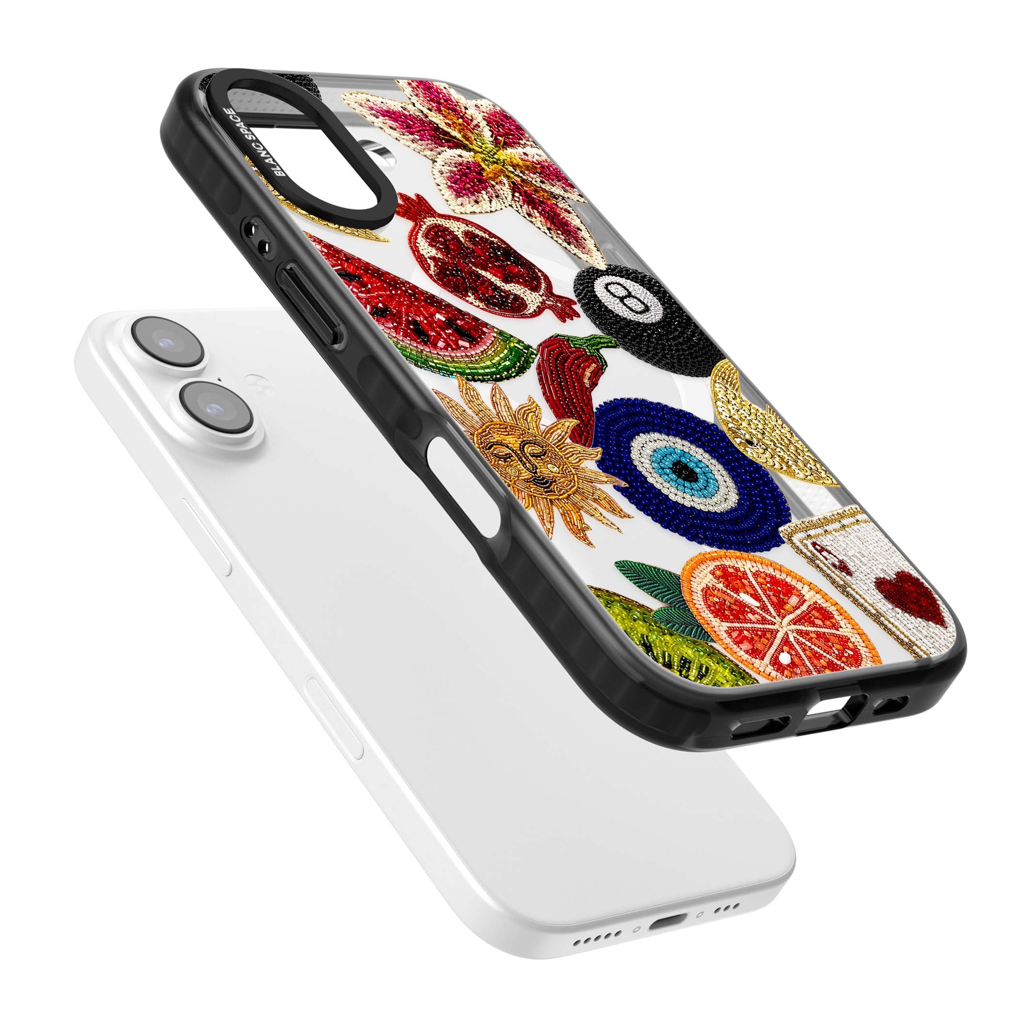 Beaded Charms embroidery iPhone case featuring beaded evil eye, fruit patches and a golden sun motif | Black Impact Magsafe case for iPhone 17