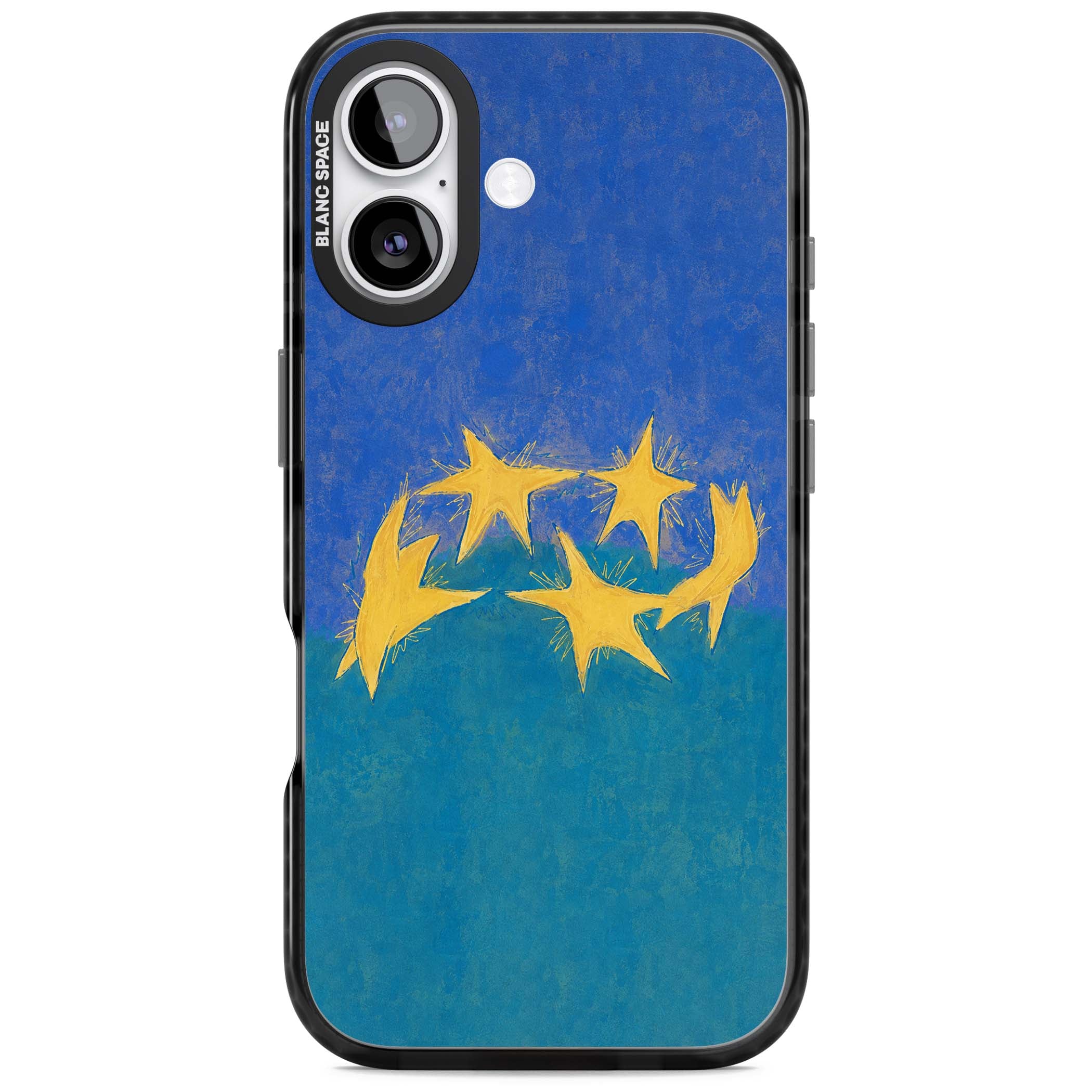 Star Boogie stars aesthetic iPhone case featuring five yellow hand-painted stars on cobalt blue and teal | Black Impact Magsafe case for iPhone 17
