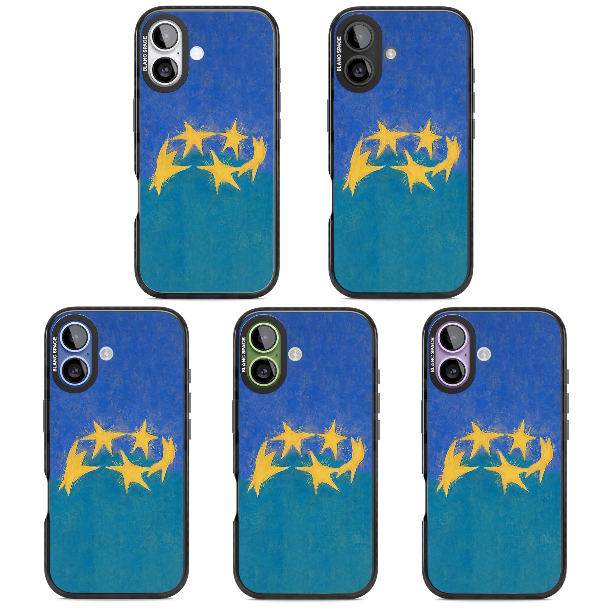 Star Boogie stars aesthetic iPhone case featuring five yellow hand-painted stars on cobalt blue and teal | Black Impact Magsafe case for iPhone 17