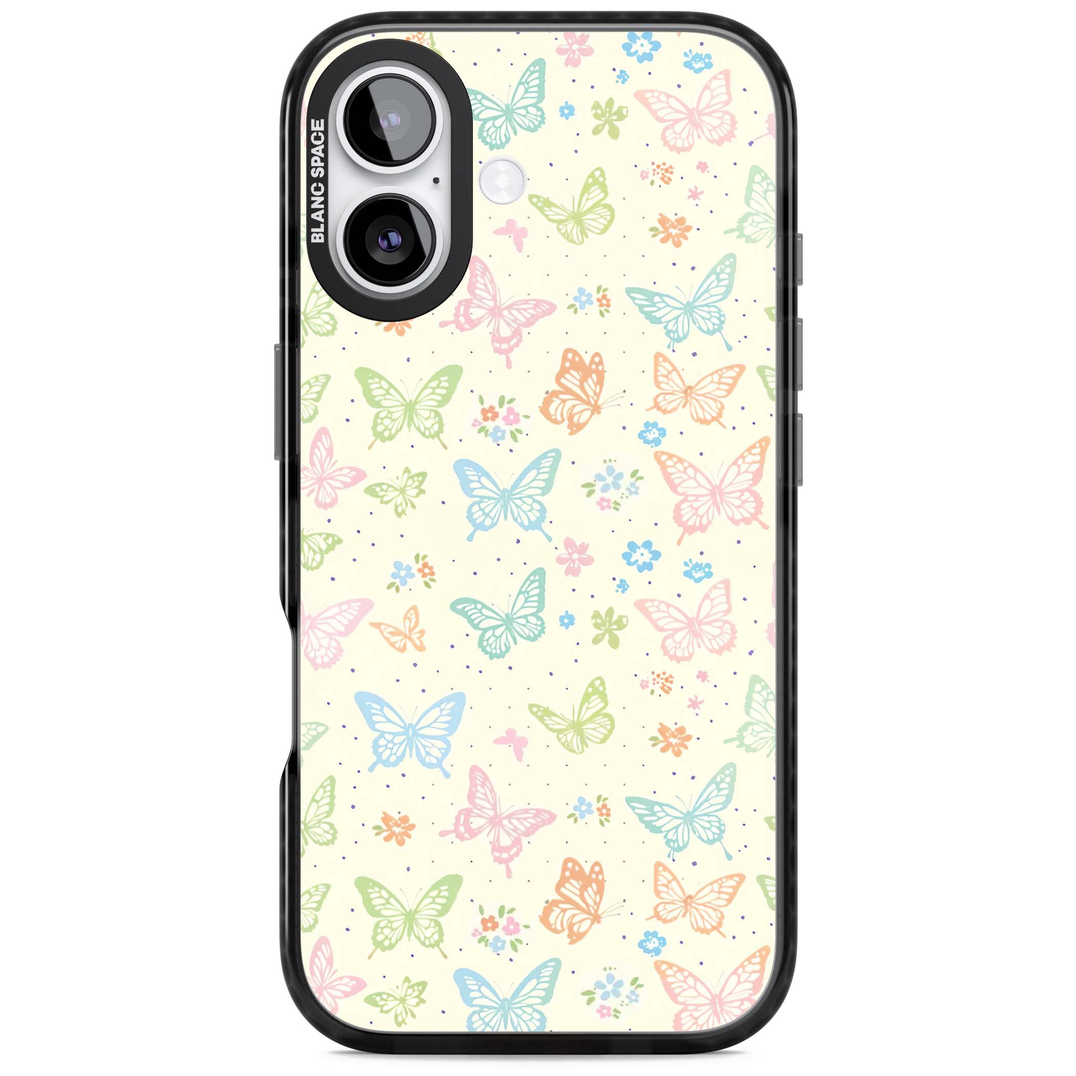 Sugar Wings cottagecore iPhone case featuring rainbow pastel butterflies, tiny wildflowers, and a cream background | Black Impact Magsafe case for iPhone 17