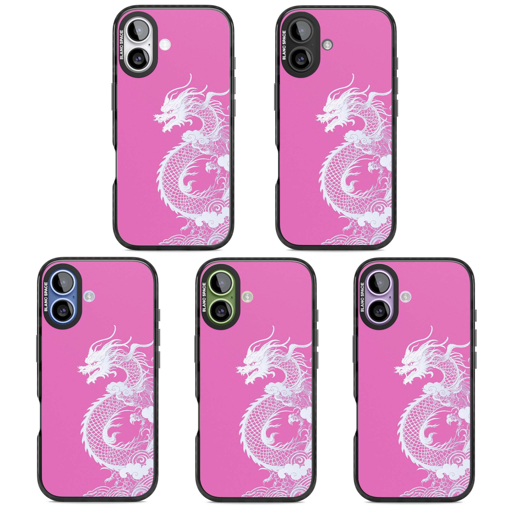 Pink Empress chinese dragon iPhone case featuring a white dragon, swirling clouds and pink dragon wallpaper backdrop | Black Impact Magsafe case for iPhone 17