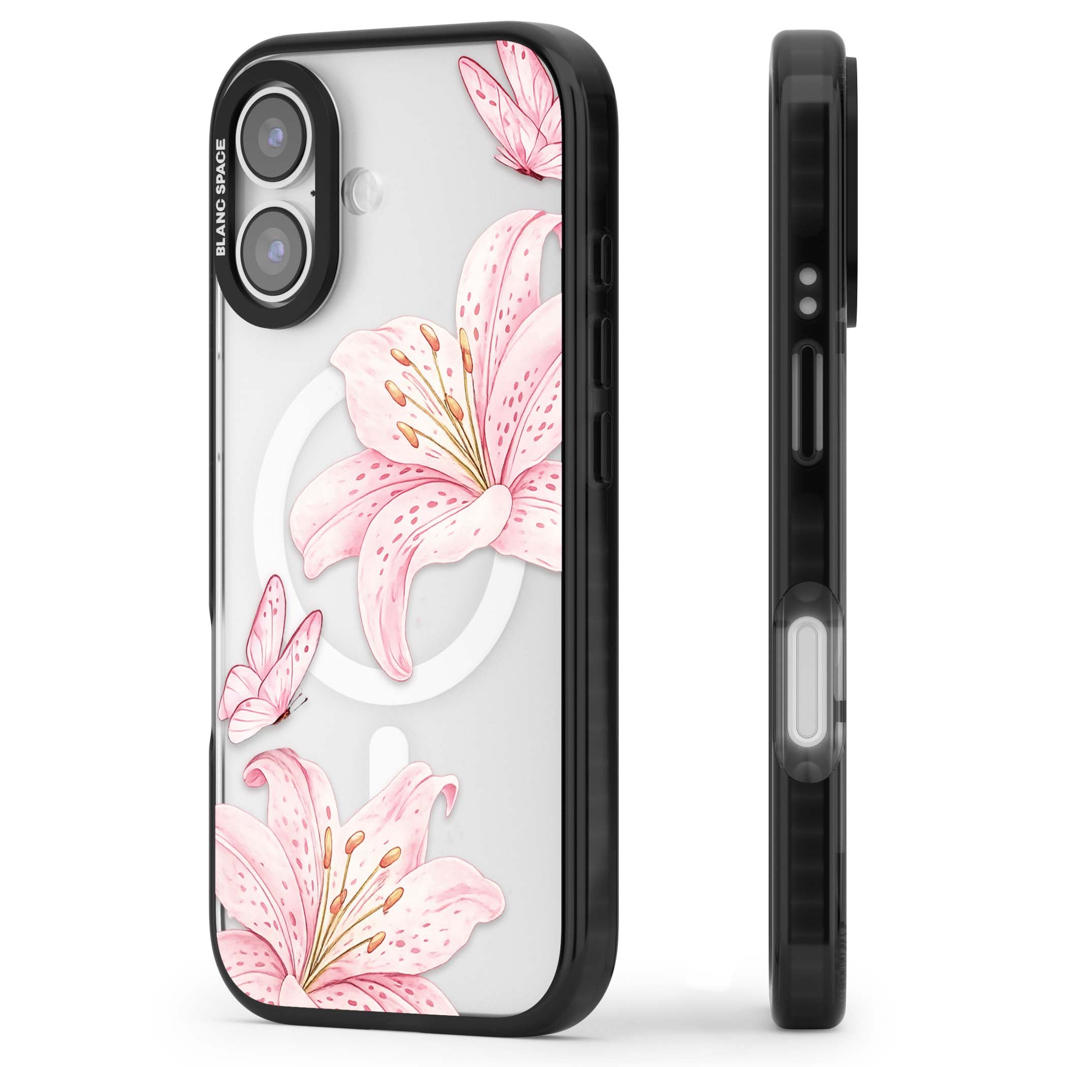 Lily Whisper floral iPhone case featuring pink watercolour lilies and delicate butterflies on a clear background | Black Impact Magsafe case for iPhone 17