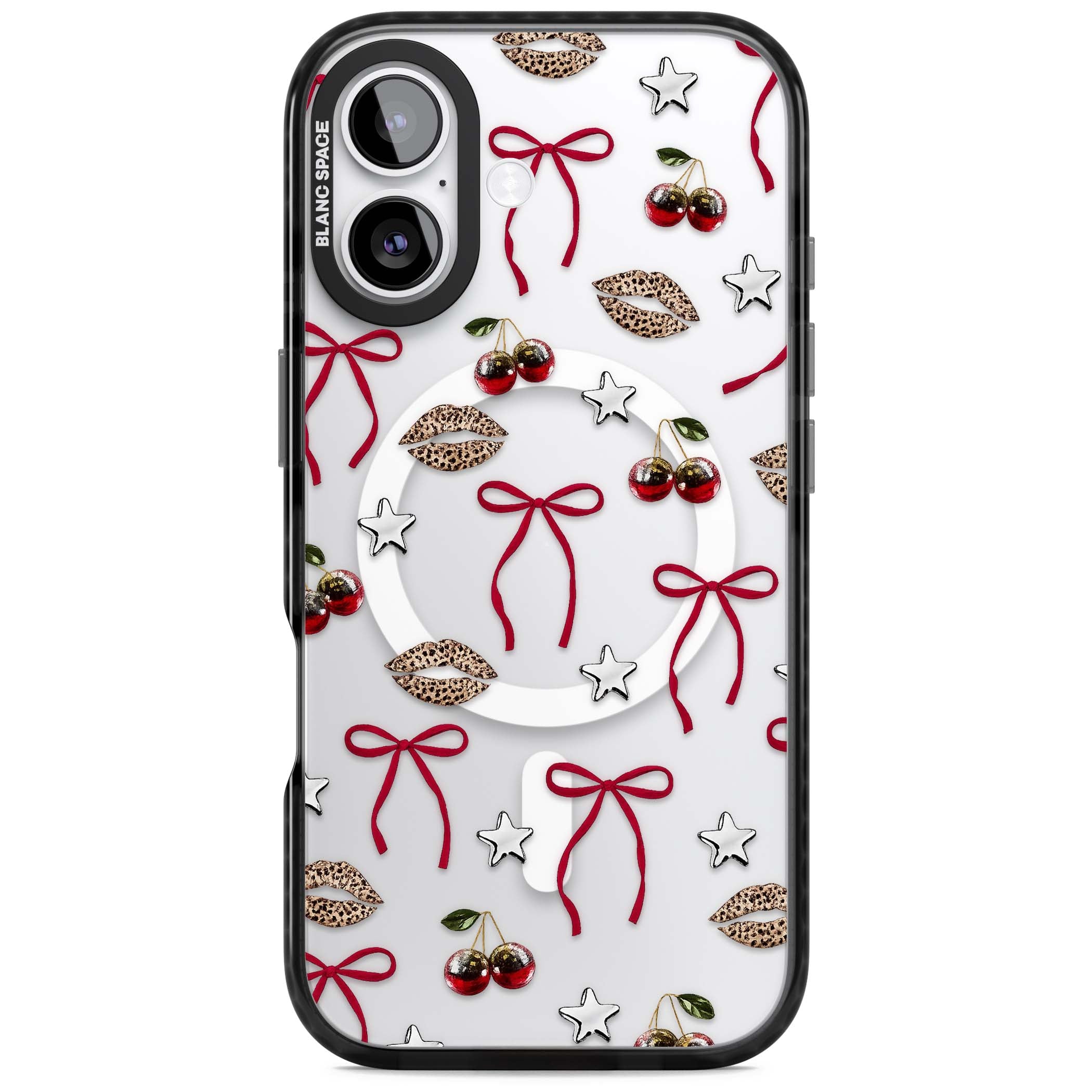Starlet coquette iPhone case featuring red ribbon bows, disco cherries and leopard-print lips | Black Impact Magsafe case for iPhone 17