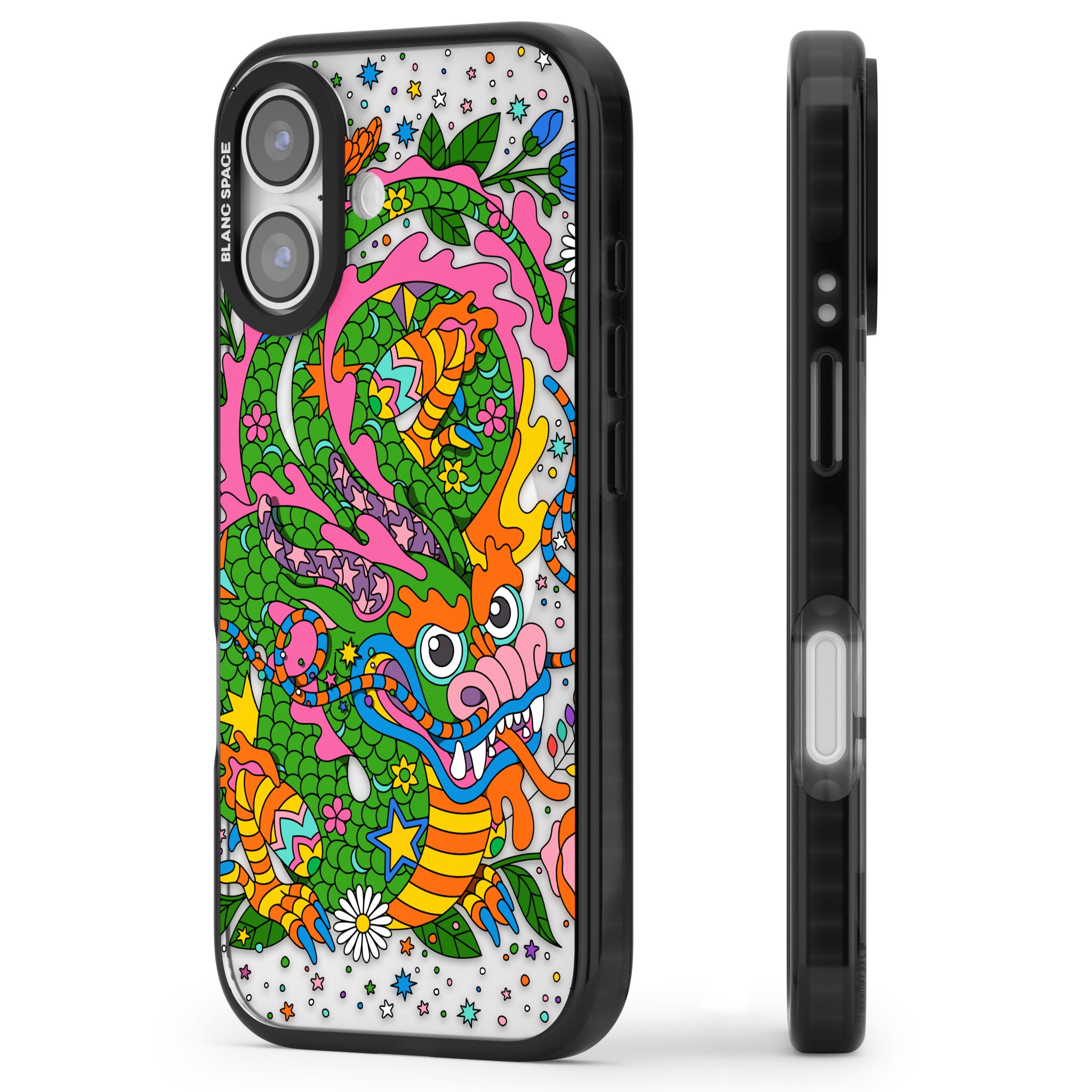 Psychedelic Jungle Dragon iPhone 17 Impact Pro Black Phone Case Side Profile