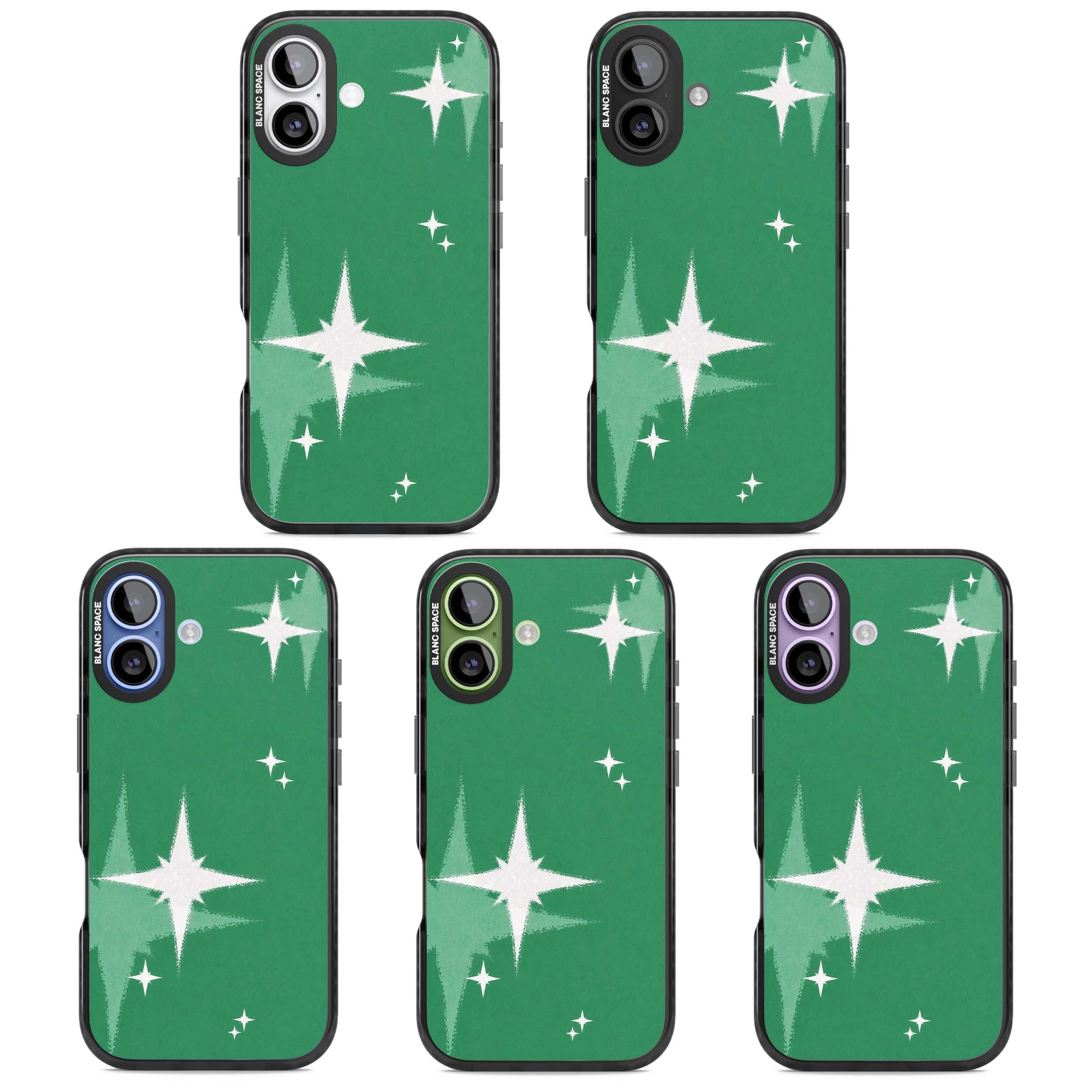 Green Sparkle celestial iPhone case featuring sparkling white four-point stars on a deep green background | Black Impact Magsafe case for iPhone 17