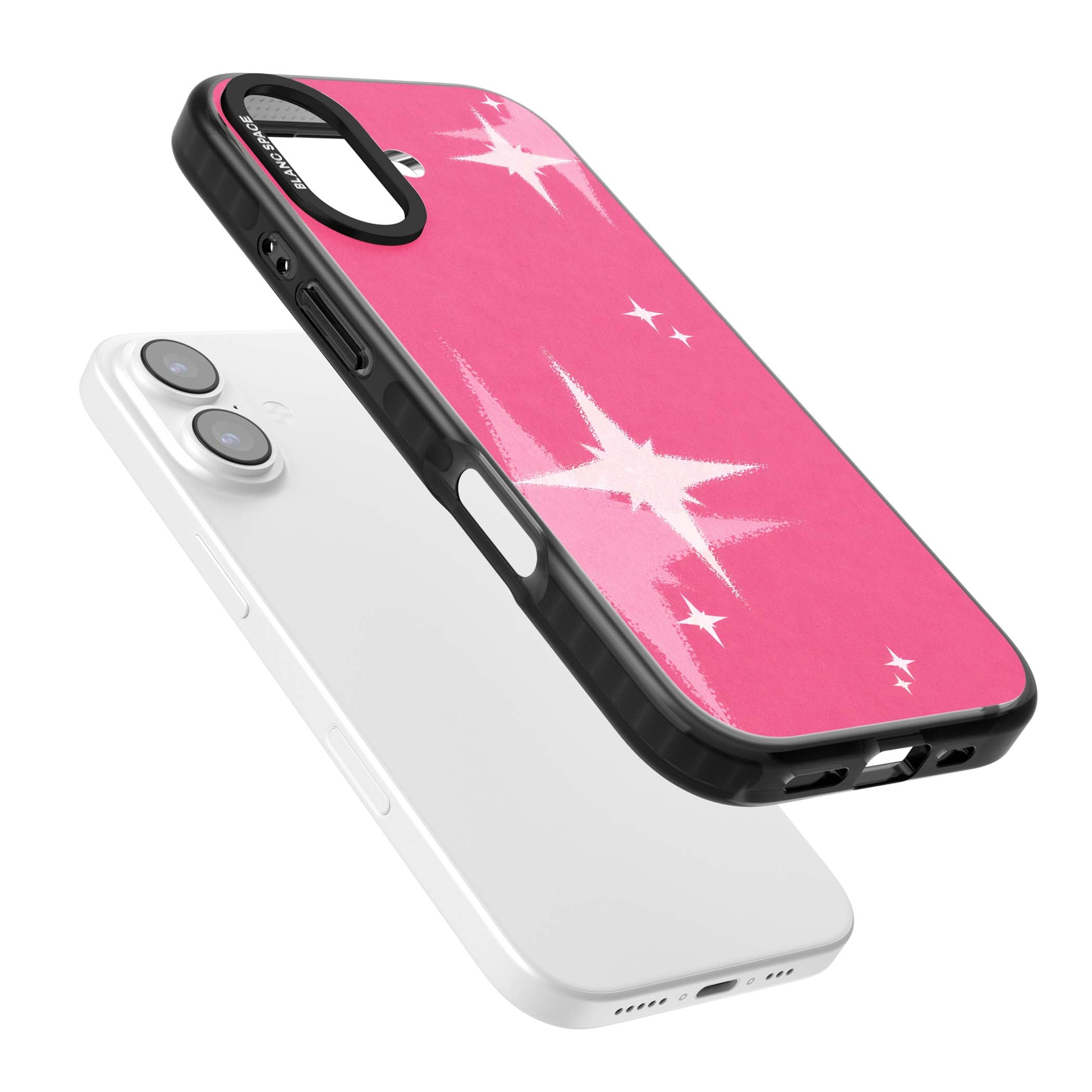 Pink Sparkle Y2K iPhone case featuring hot pink background with shimmering white starburst pattern | Black Impact Magsafe case for iPhone 17