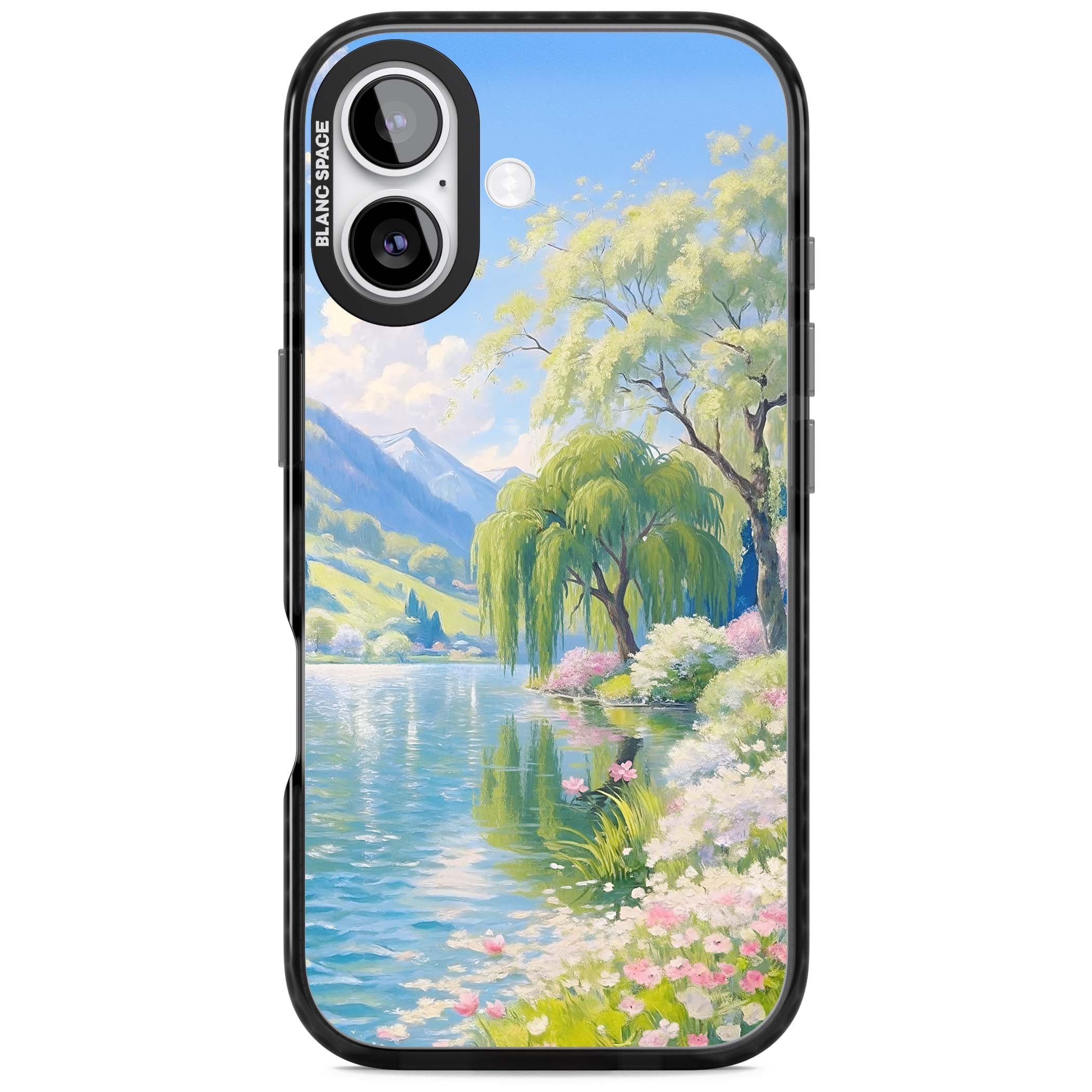 Willow Lake cottagecore iPhone case featuring a painted lakeside with weeping willow, blossoms and distant mountains | Black Impact Magsafe case for iPhone 17