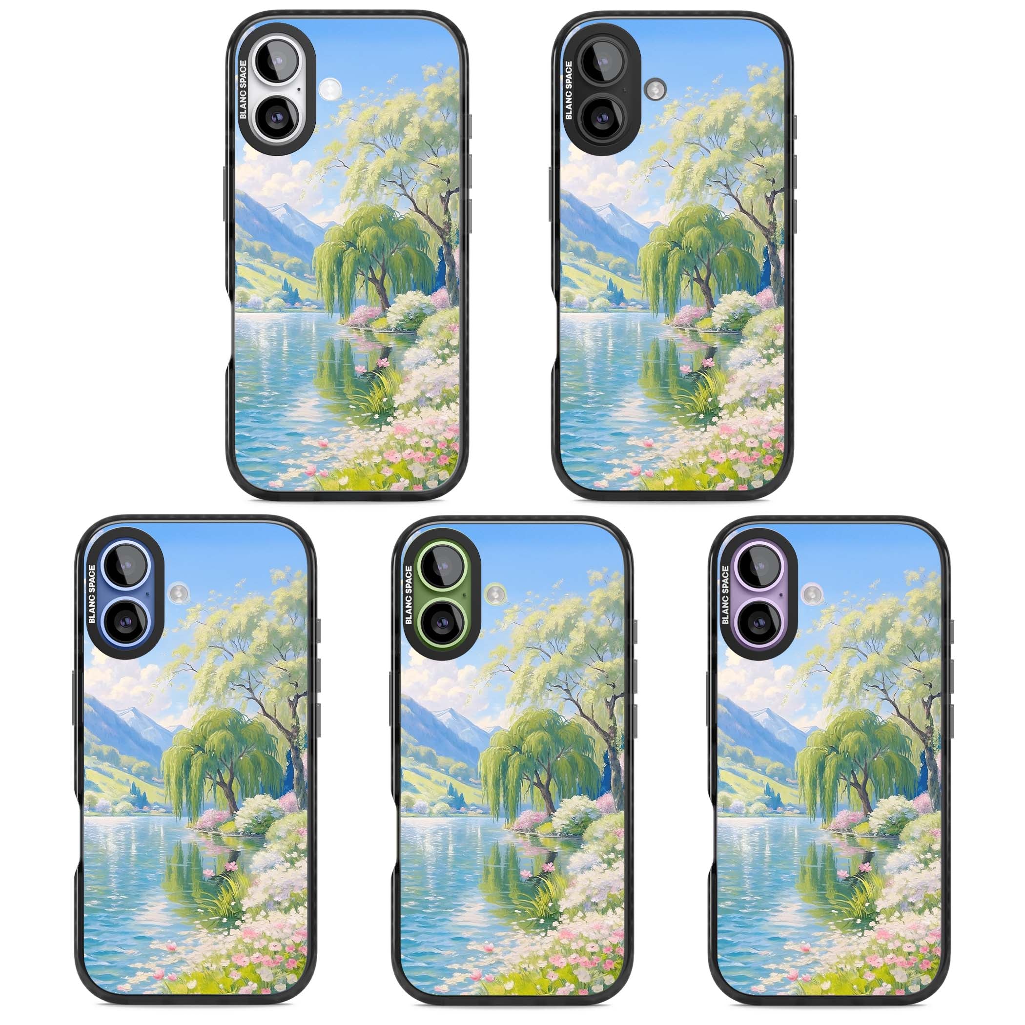 Willow Lake cottagecore iPhone case featuring a painted lakeside with weeping willow, blossoms and distant mountains | Black Impact Magsafe case for iPhone 17