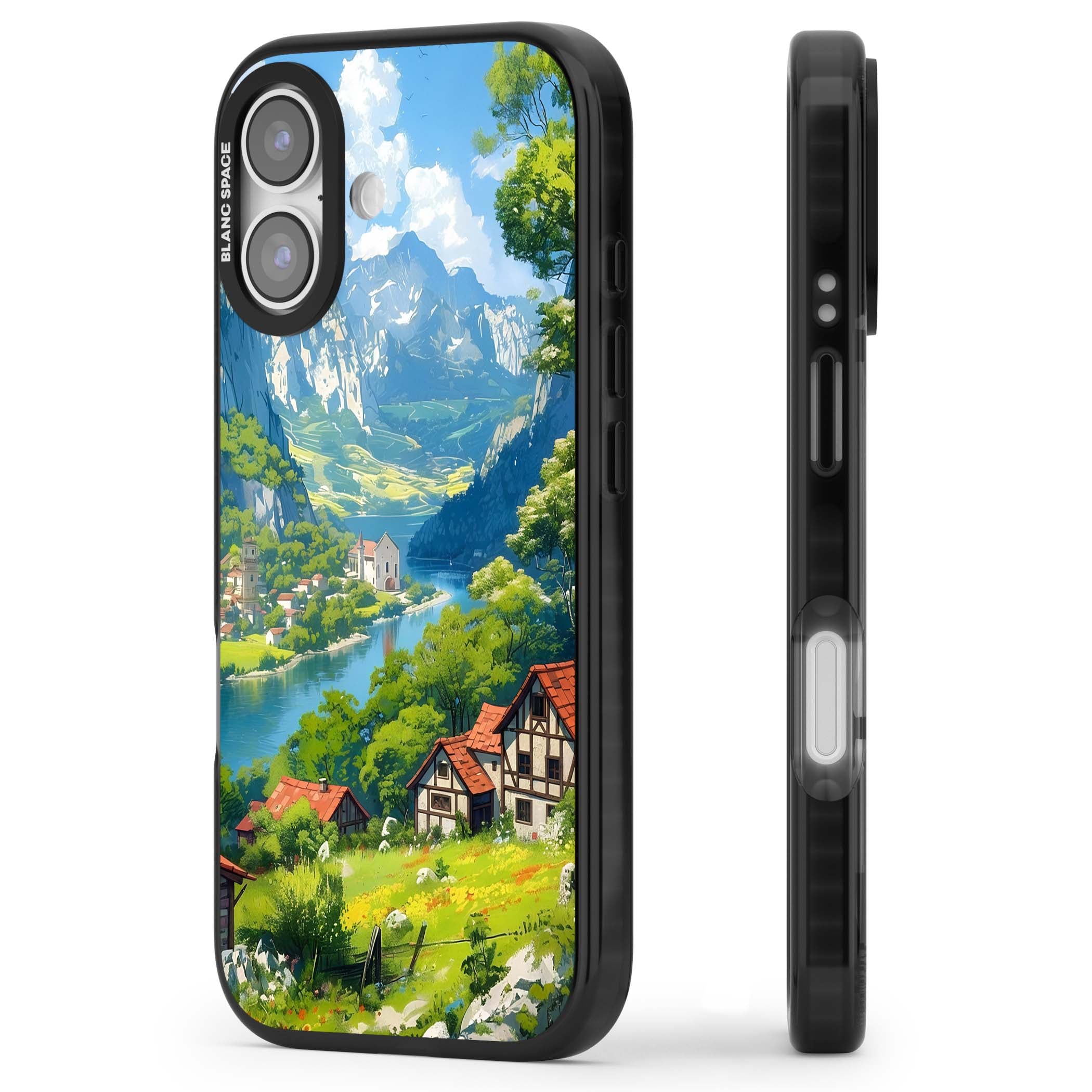 Village In The Valley anime iPhone case featuring a painted mountain village, river valley and half-timbered cottages. | Black Impact Magsafe case for iPhone 17