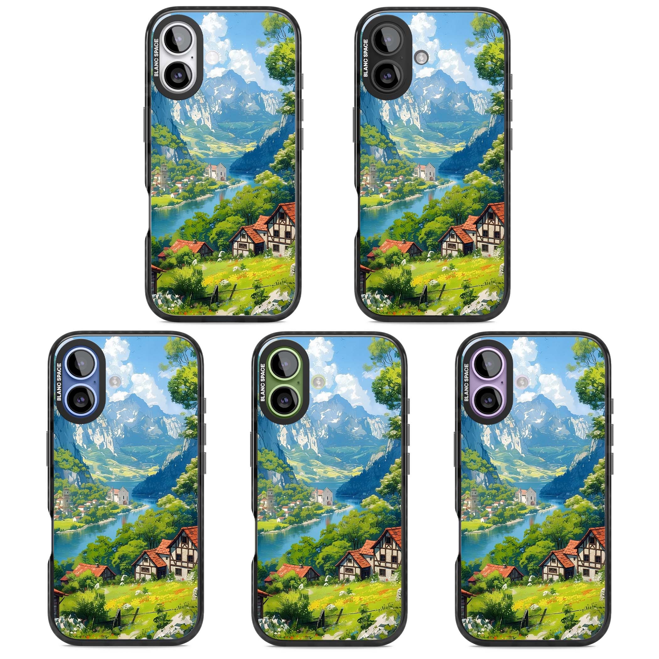 Village In The Valley anime iPhone case featuring a painted mountain village, river valley and half-timbered cottages. | Black Impact Magsafe case for iPhone 17