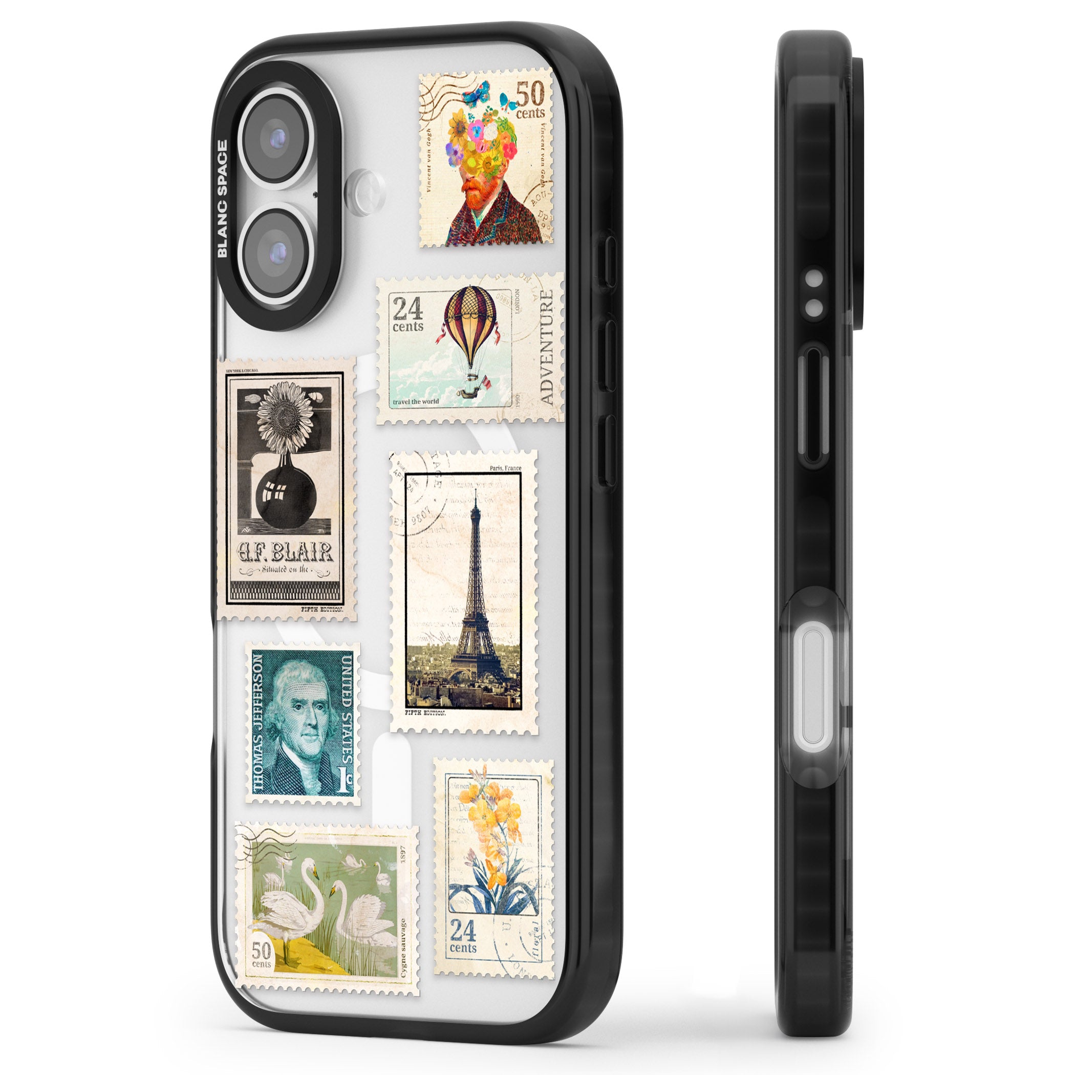 Vintage Stamps iPhone 17 Impact Pro Black Phone Case Side Profile