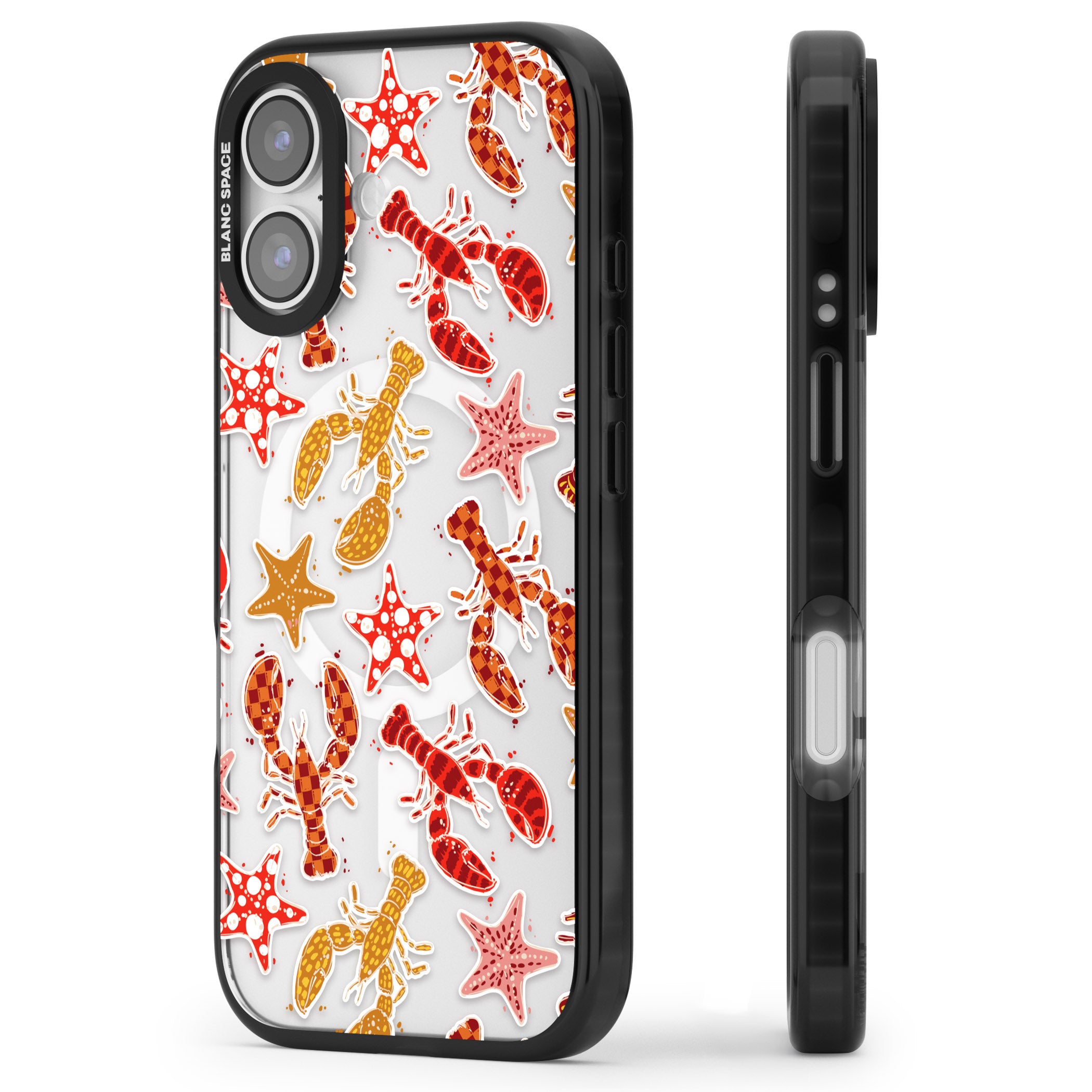 Lobster & Starfish Coastal Pattern iPhone 17 Impact Pro Black Phone Case Side Profile