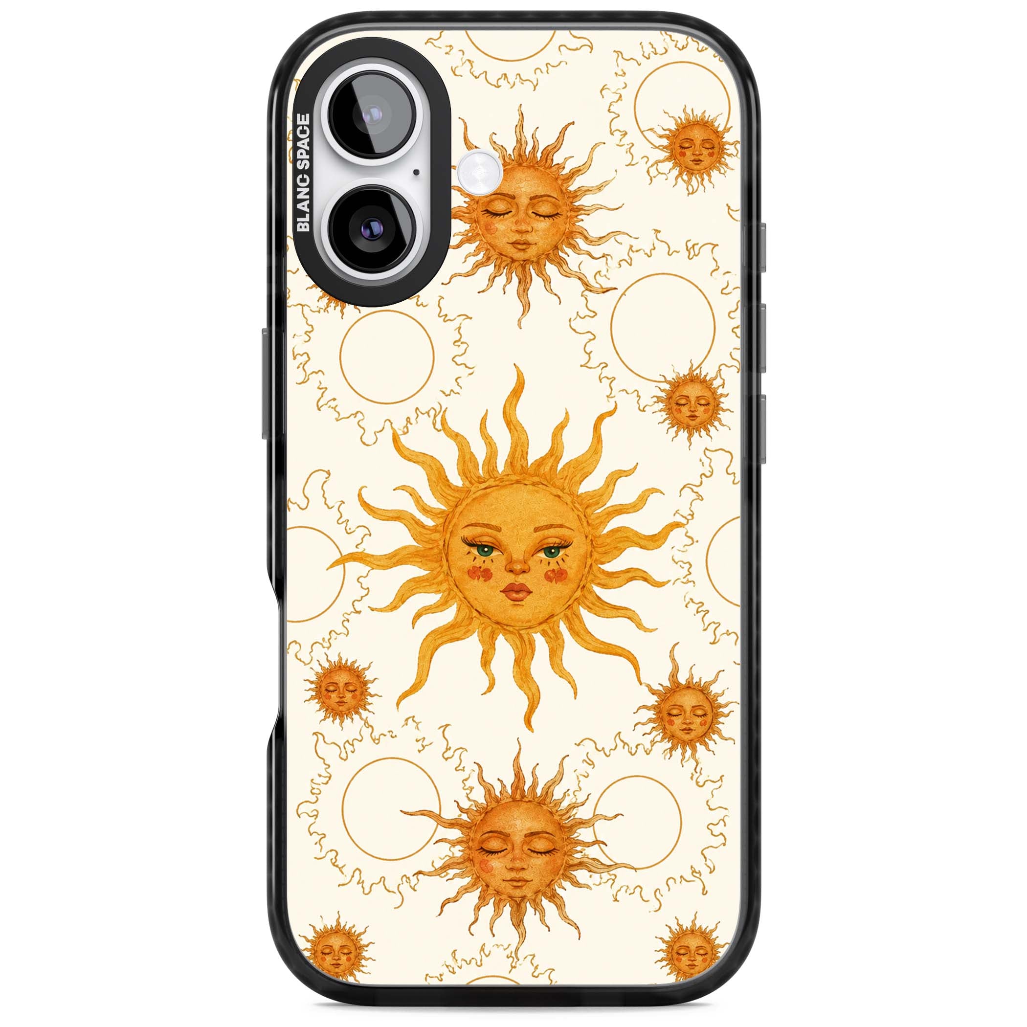 Solstice Muse celestial iPhone case featuring hand-painted golden sun faces, closed-eye sun goddesses and outlined moons... | Black Impact Magsafe case for iPhone 17