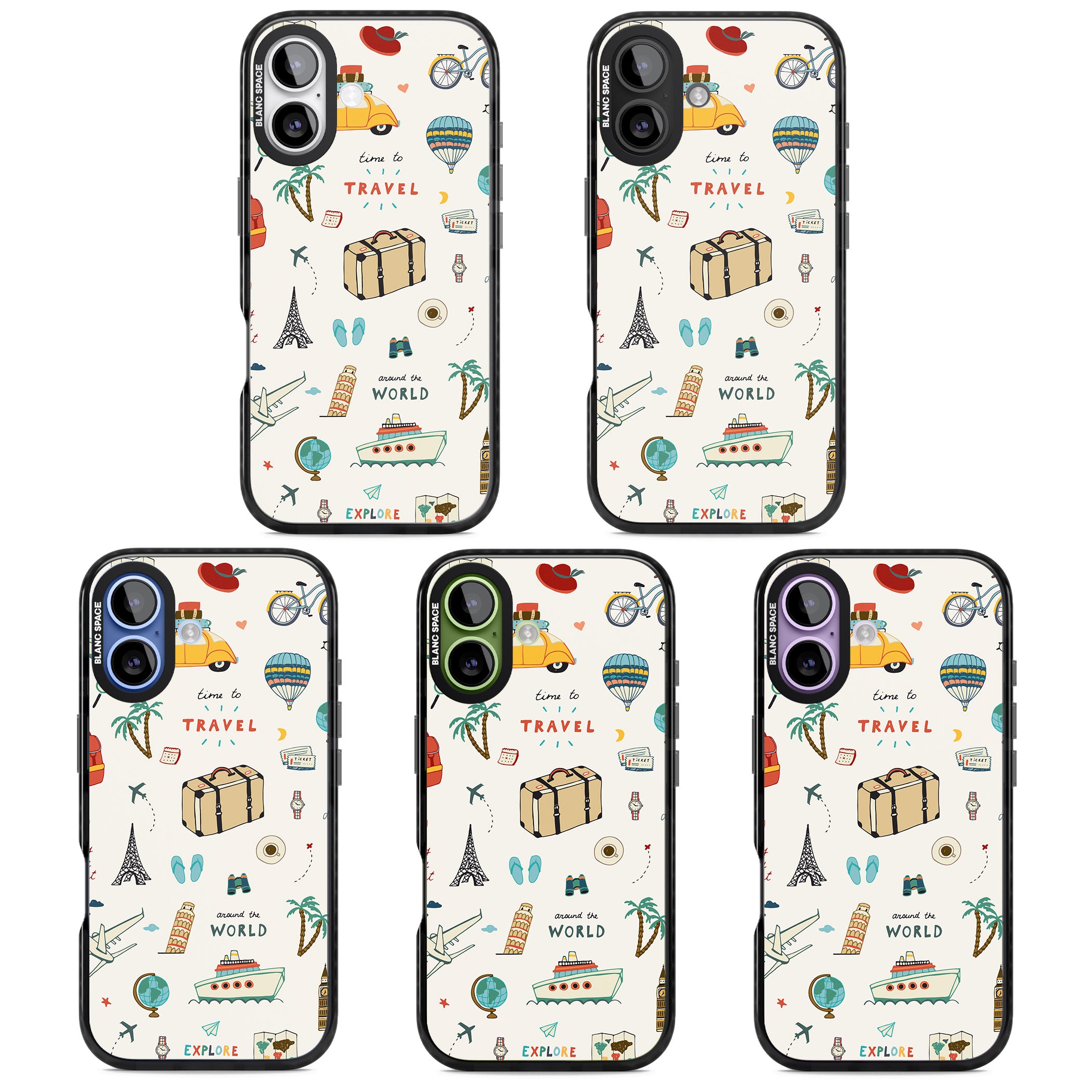 Cute Travel Pattern Cream iPhone 17 Impact Pro Black Phone Case APT Impact Protection