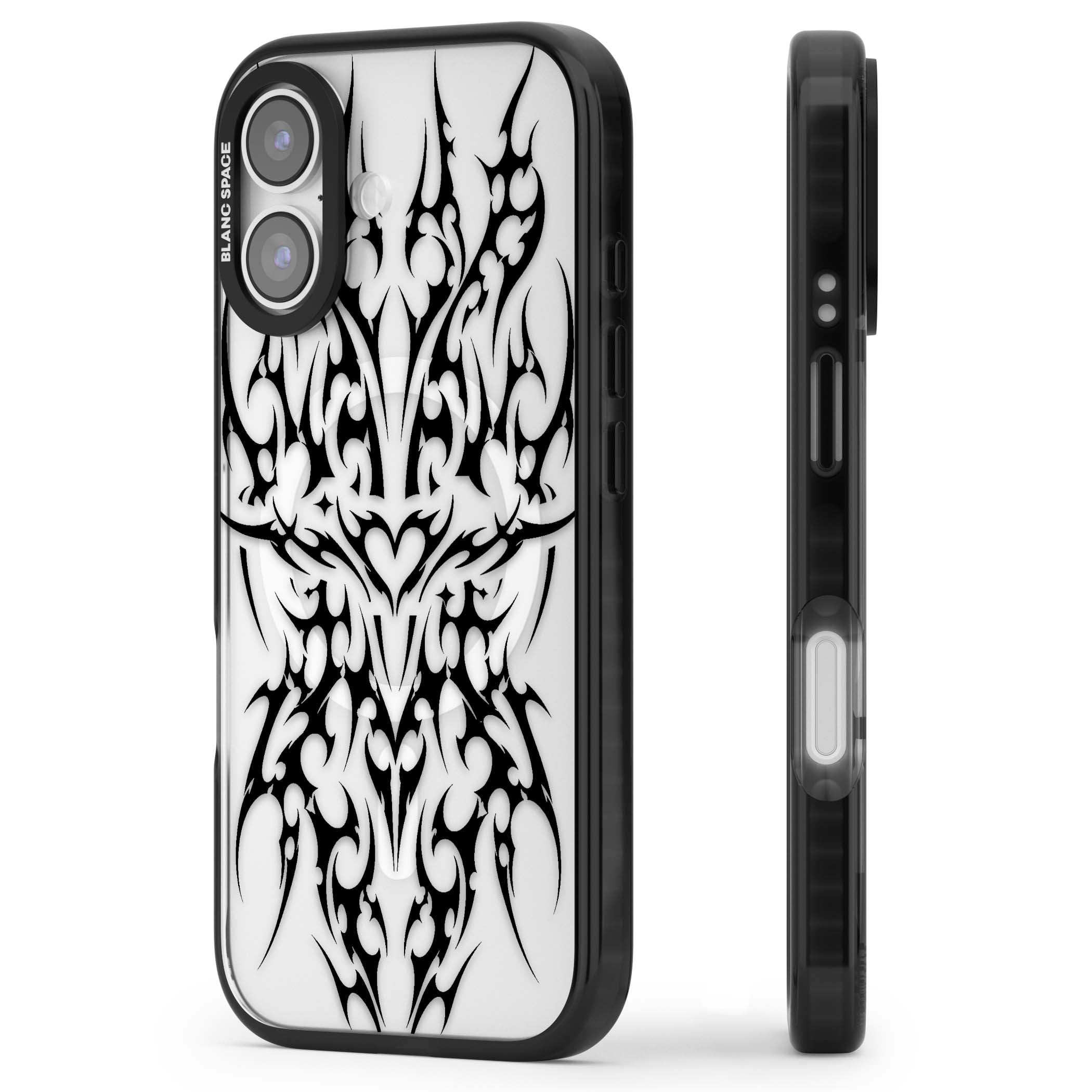 Neo Tribal Heart gothic iPhone case featuring symmetrical black tribal tattoo art with sharp thorn-like linework | Black Impact Magsafe case for iPhone 17
