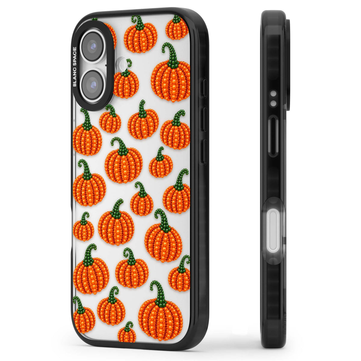 Beaded Pumpkins halloween iPhone case featuring beaded orange pumpkins with green stems on a clear background | Clear Impact case for iPhone 17