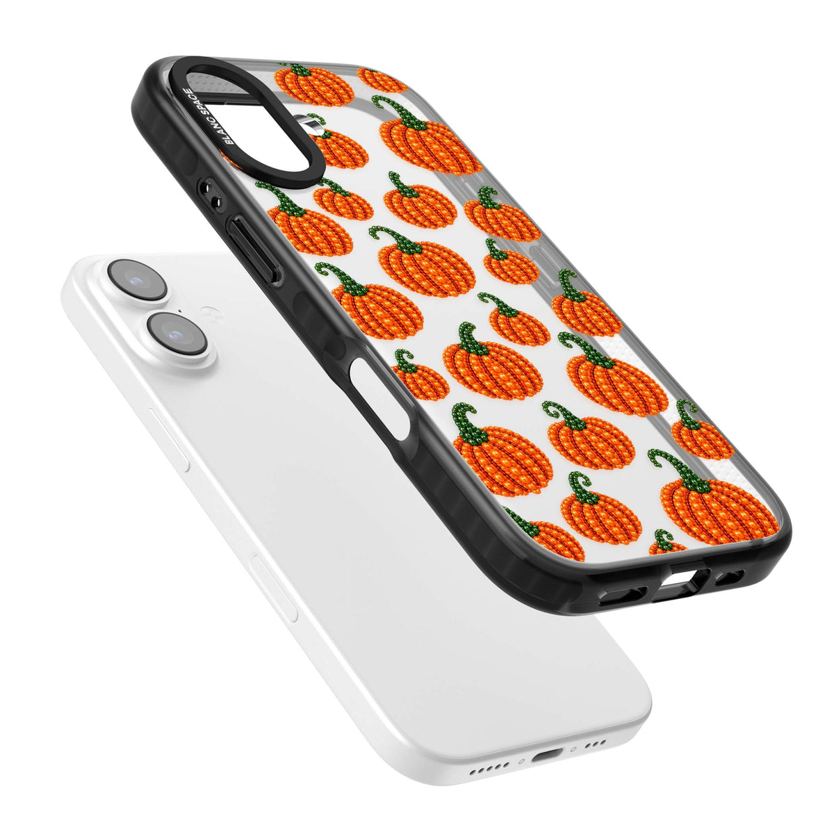 Beaded Pumpkins halloween iPhone case featuring beaded orange pumpkins with green stems on a clear background | Clear Impact case for iPhone 17