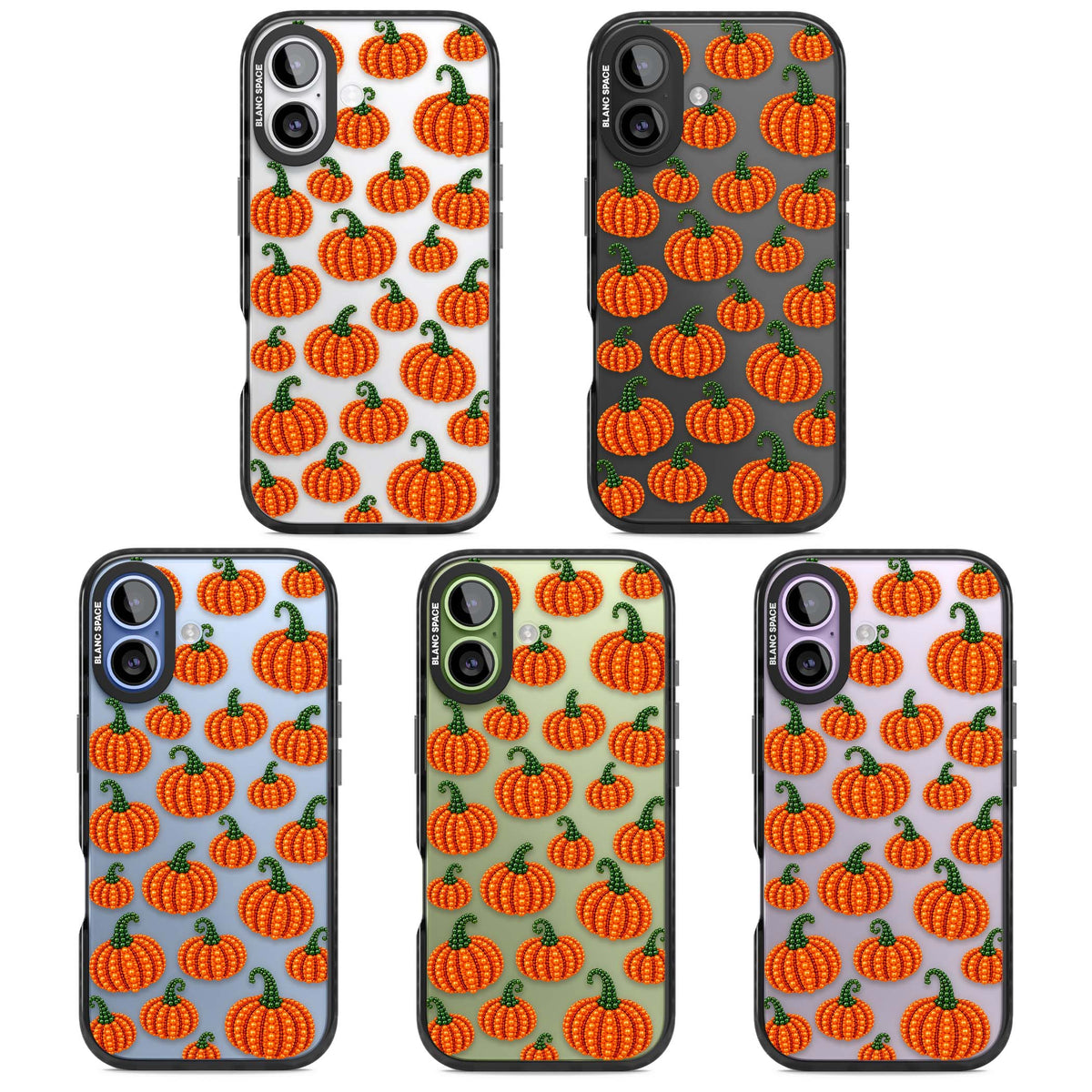 Beaded Pumpkins halloween iPhone case featuring beaded orange pumpkins with green stems on a clear background | Clear Impact case for iPhone 17