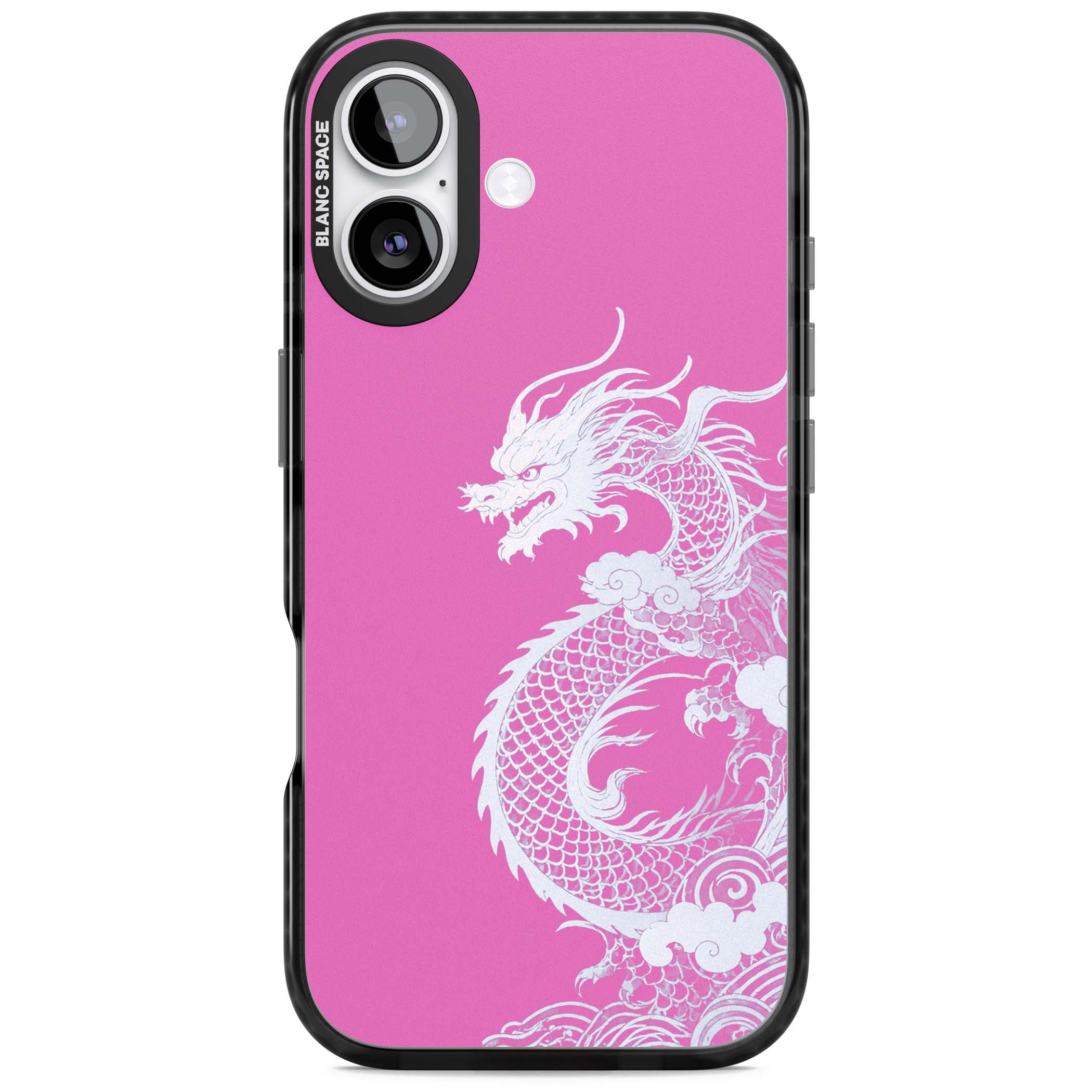 Pink Empress chinese dragon iPhone case featuring a white dragon, swirling clouds and pink dragon wallpaper backdrop | Clear Impact case for iPhone 17