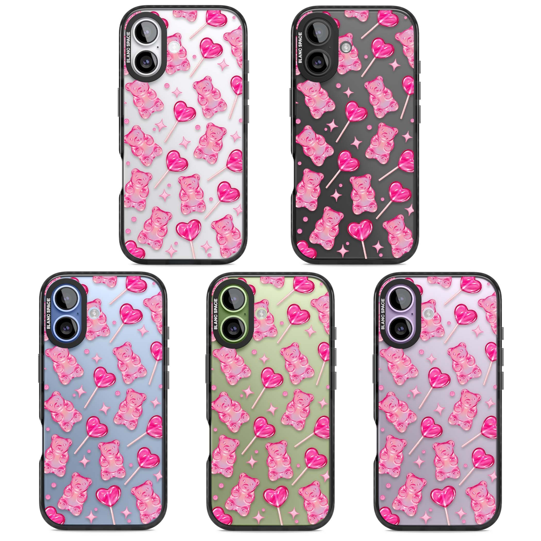 Pink Sugar pinkcore iPhone case featuring pink gummy bears, heart-shaped lollipops and sparkle stars | Clear Impact case for iPhone 17