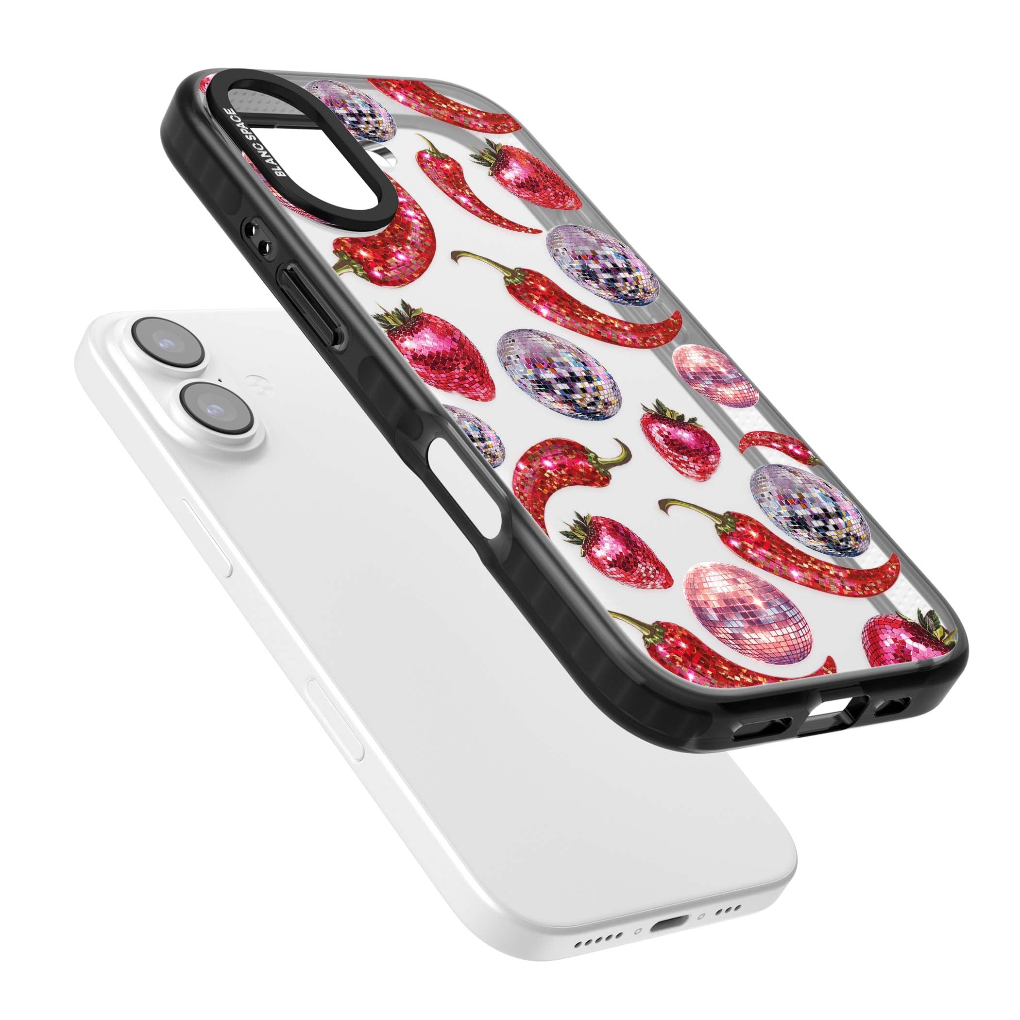 Spicy Disco Y2K iPhone case featuring glitter disco balls, sparkly strawberries and red chilli peppers | Clear Impact case for iPhone 17