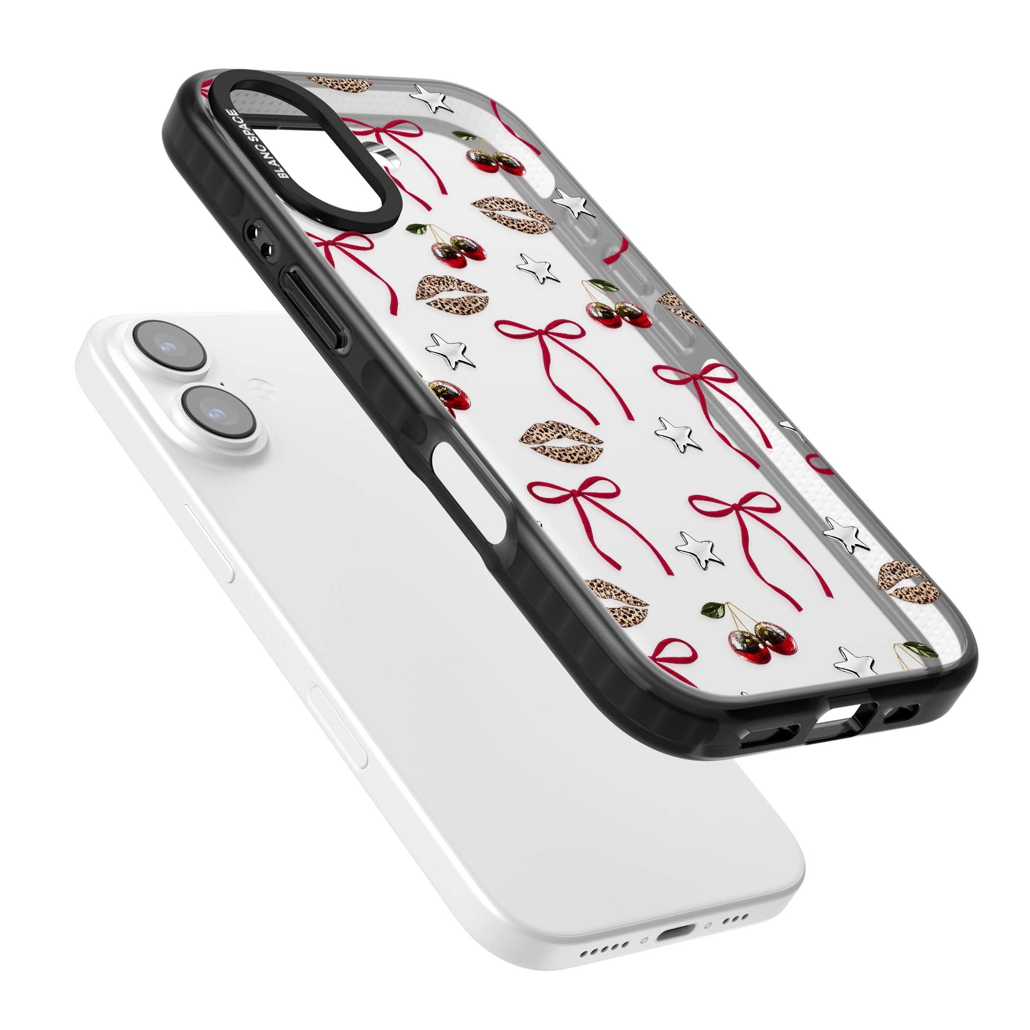 Starlet coquette iPhone case featuring red ribbon bows, disco cherries and leopard-print lips | Clear Impact case for iPhone 17